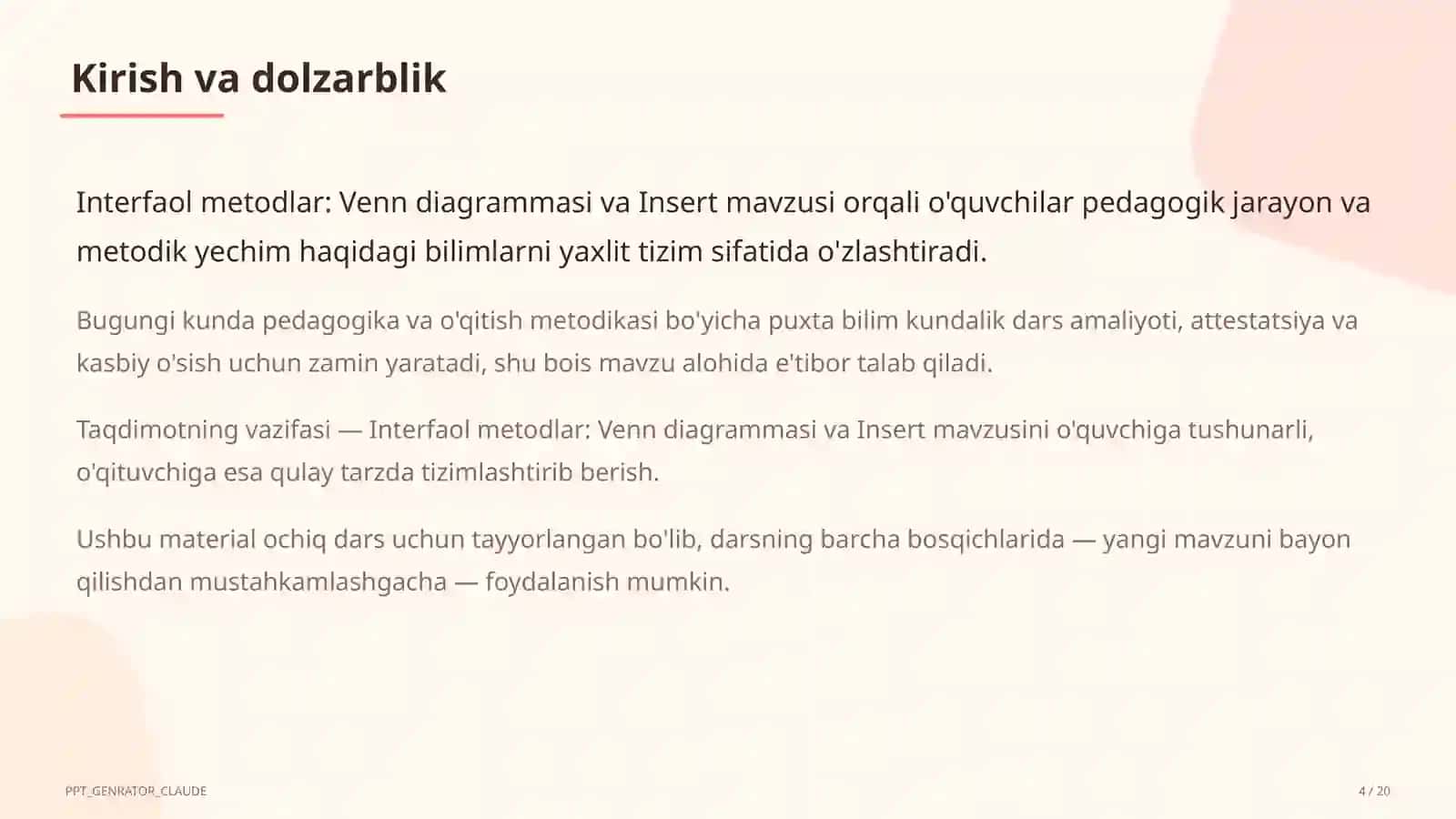 Interfaol metodlar: Venn diagrammasi va Insert 4