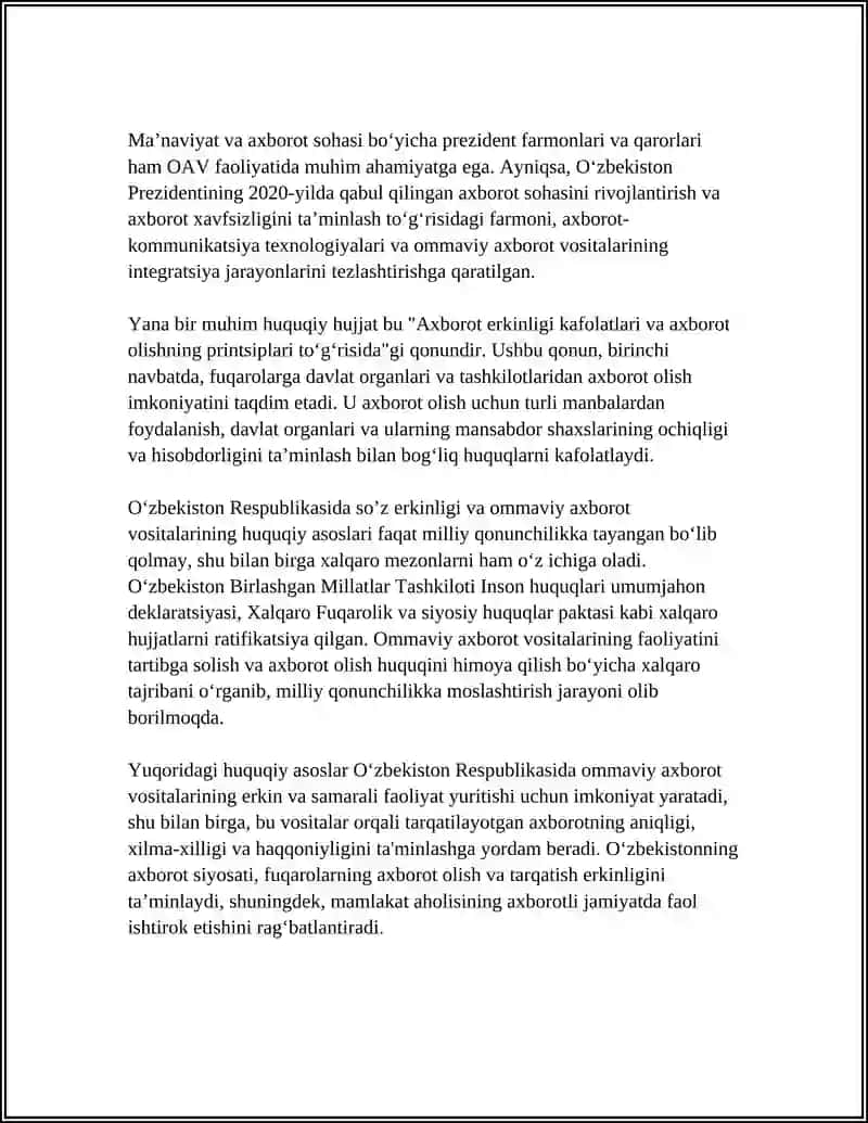 O'ZBEKISTON RESPUBLIKASIDA OMMAVIY AXBOROT VOSITALARINING FAOLIYATI 4