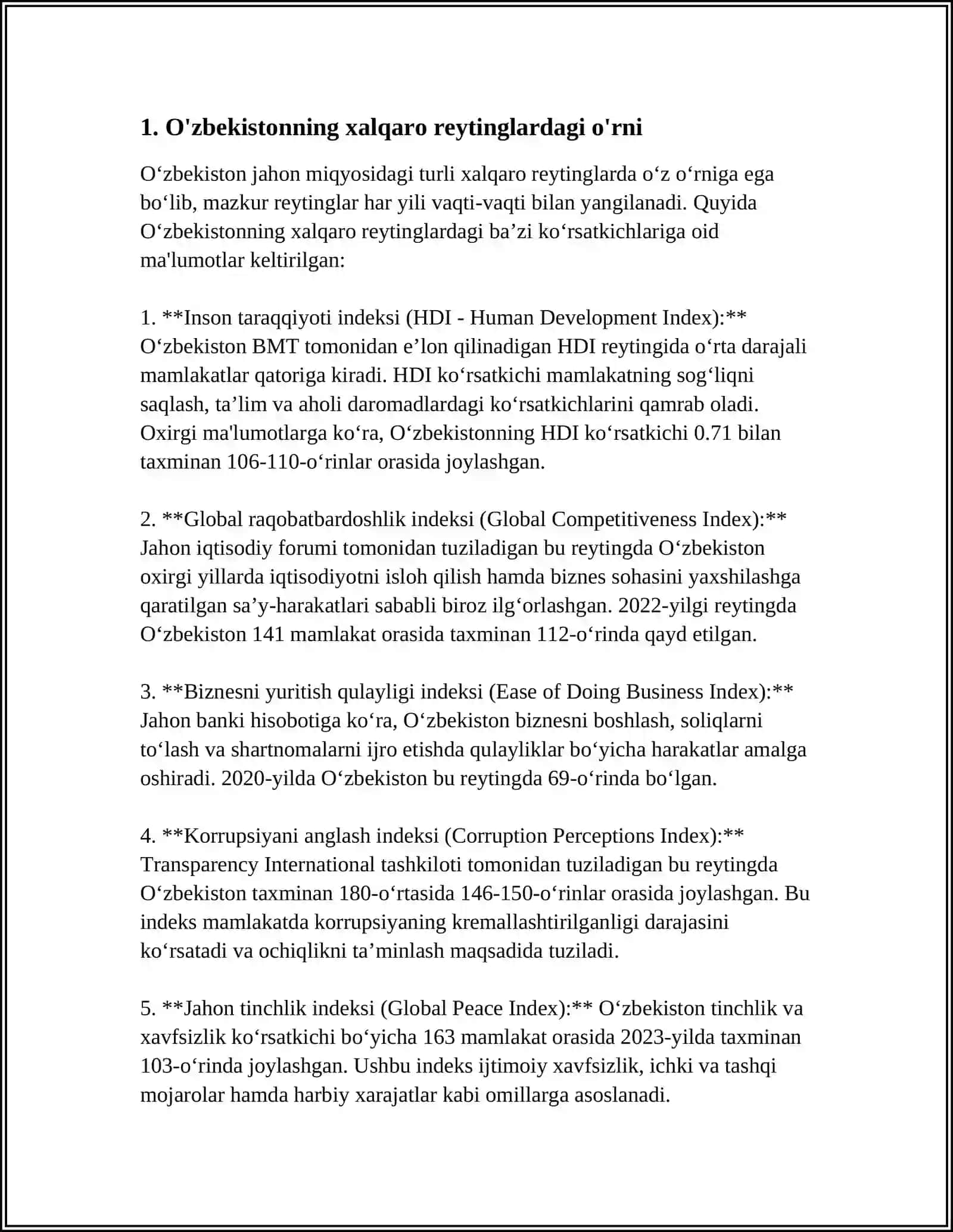 O'ZBEKISTONNI XALQARO REYTINGLARDAGI KO’RSATKICHLARINI KO'TARISHNING TARIXIY VA SIYOSIY AHAMIYATI 4