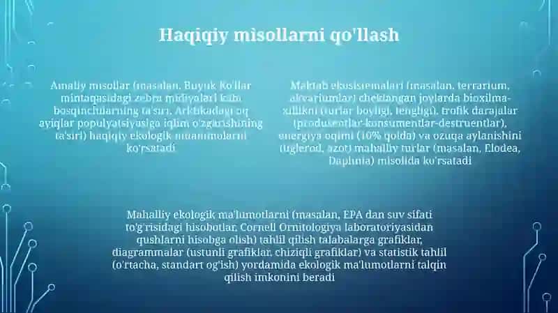 Ekologiya asoslari mavzusini oʻrganish metodikasi darslar tizimi 4