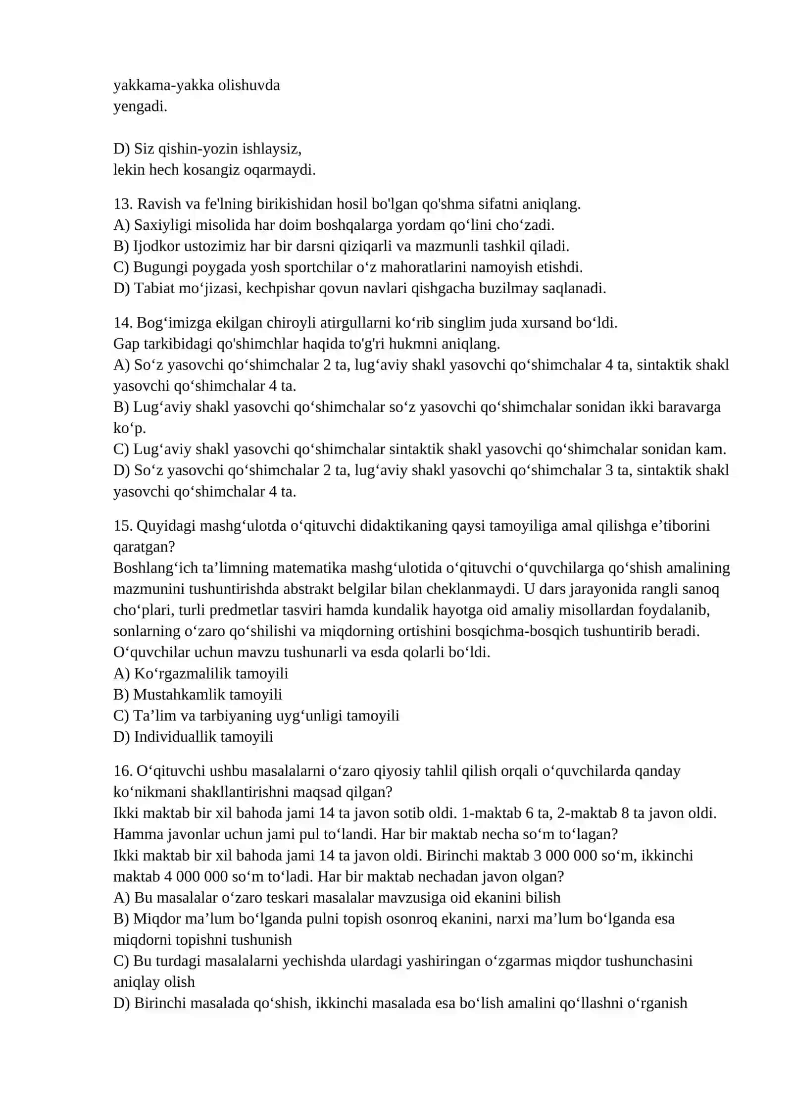boshlang`ich sinf o`qituvchilari uchun test 4