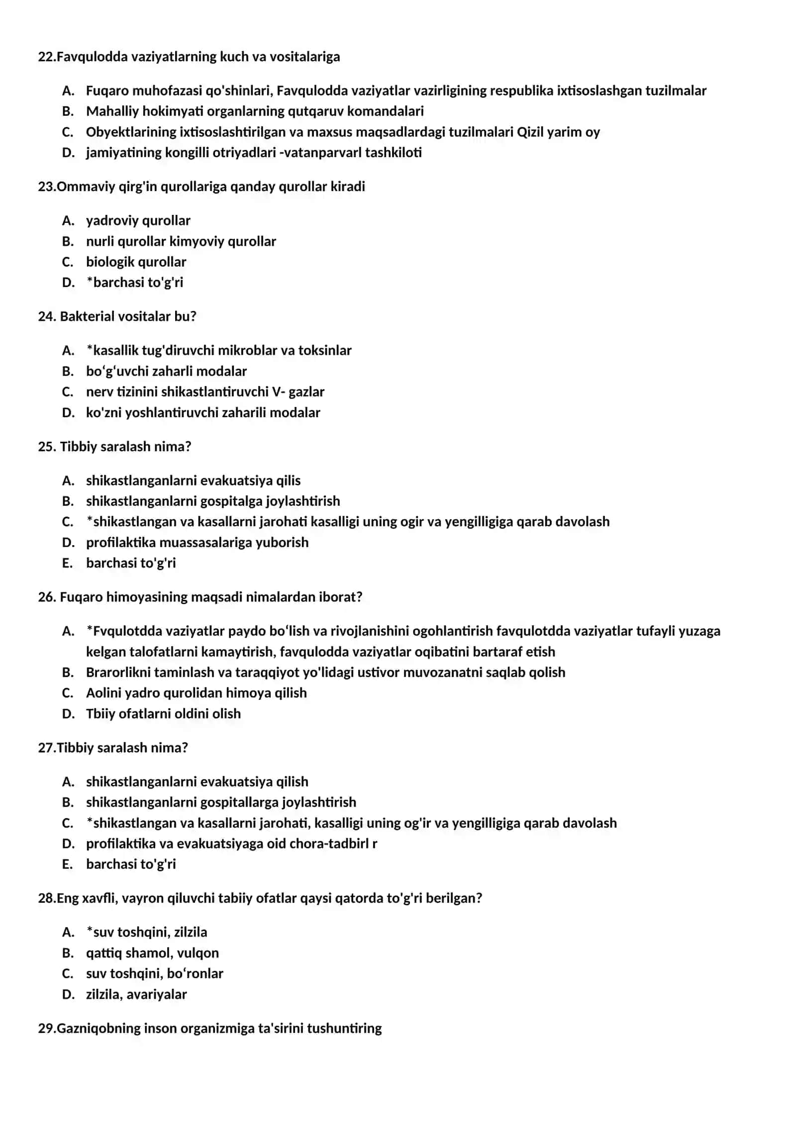 Hayot faoliyati xavfsizligi fanidan test savollari 4