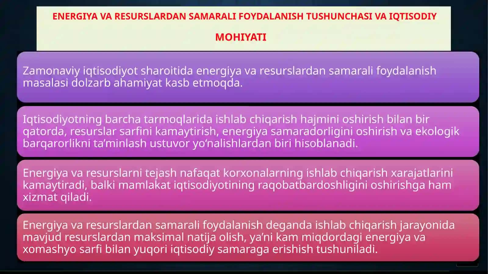 Iqtisodiyot tarmoqlarida energiya va resurslar sarfini kamaytirish yo‘llari ("TEXSTROYBIZNES TRANS" MCHJ misolida) 4