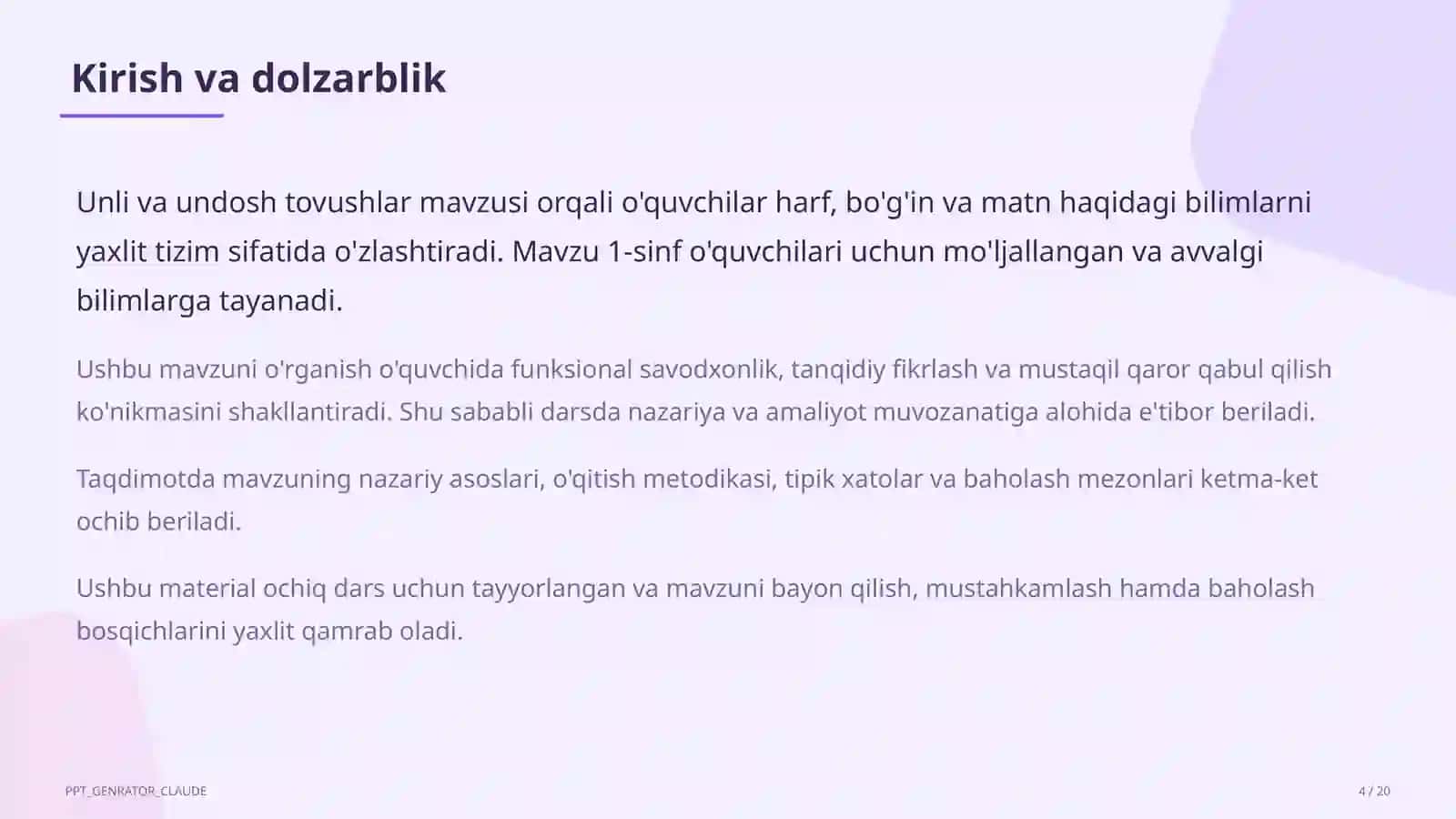 Unli va undosh tovushlar (1-sinf) 4