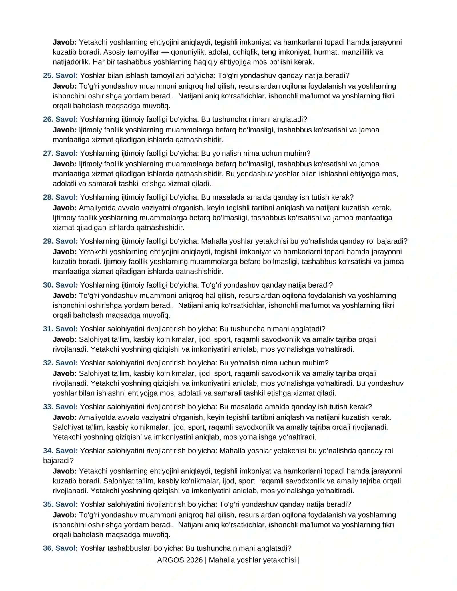 ARGOS 2026 — Mahalla yoshlar yetakchisi uchun 500 ta suhbat savollari va javoblari | 4
