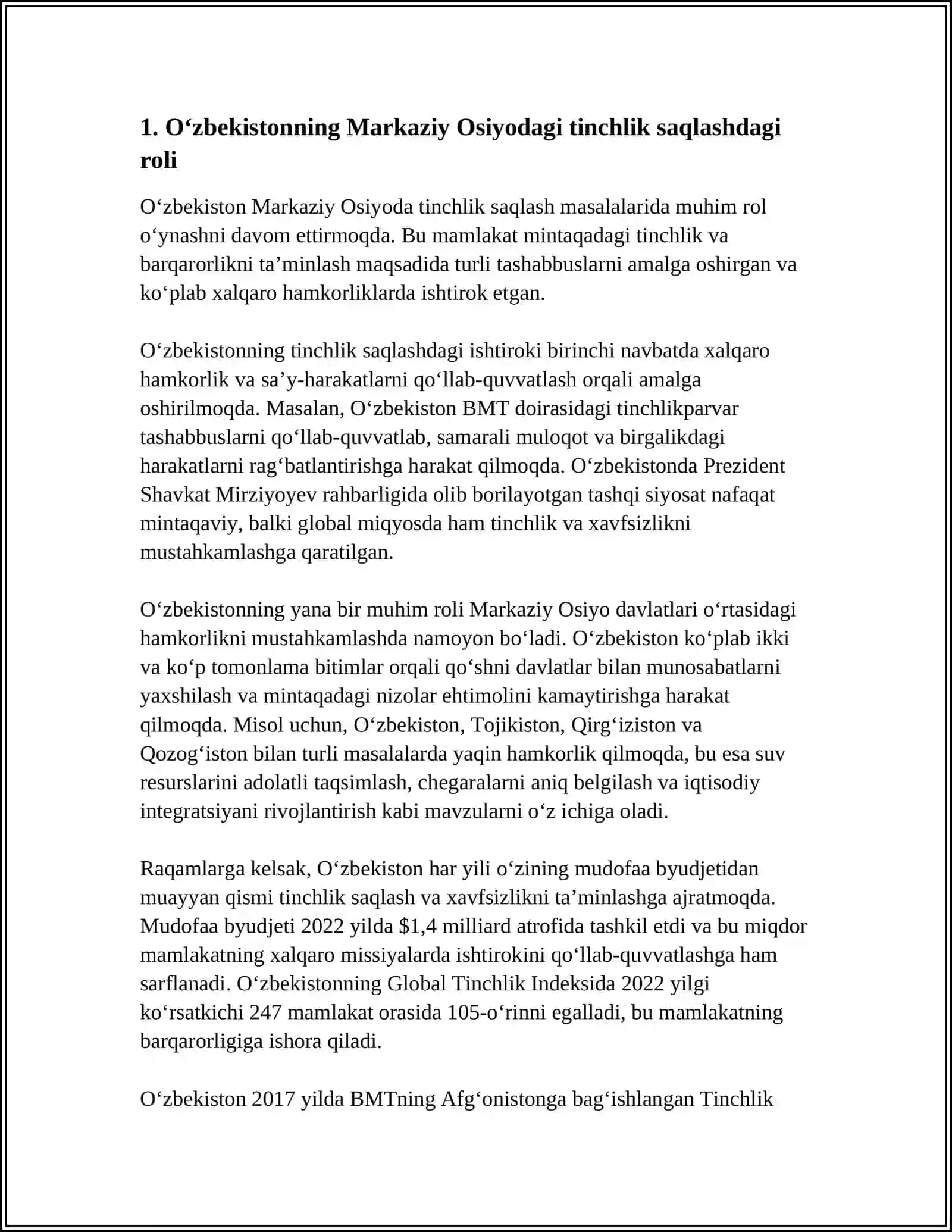 O‘zbekistonning Markaziy OSIYODA TINCHLIK VA BARQARORLIKNI TA’MINLASHDAGI O‘RNI 4