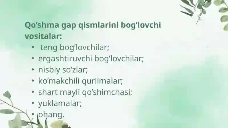 qoʻshma gap qismlari orasidagi funksional munosabatiga koʻra turlari tahlili. 4