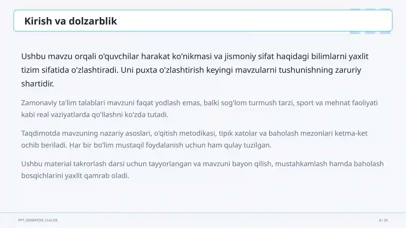 Jismoniy tarbiya (1–11) — takrorlash darsi uchun 4