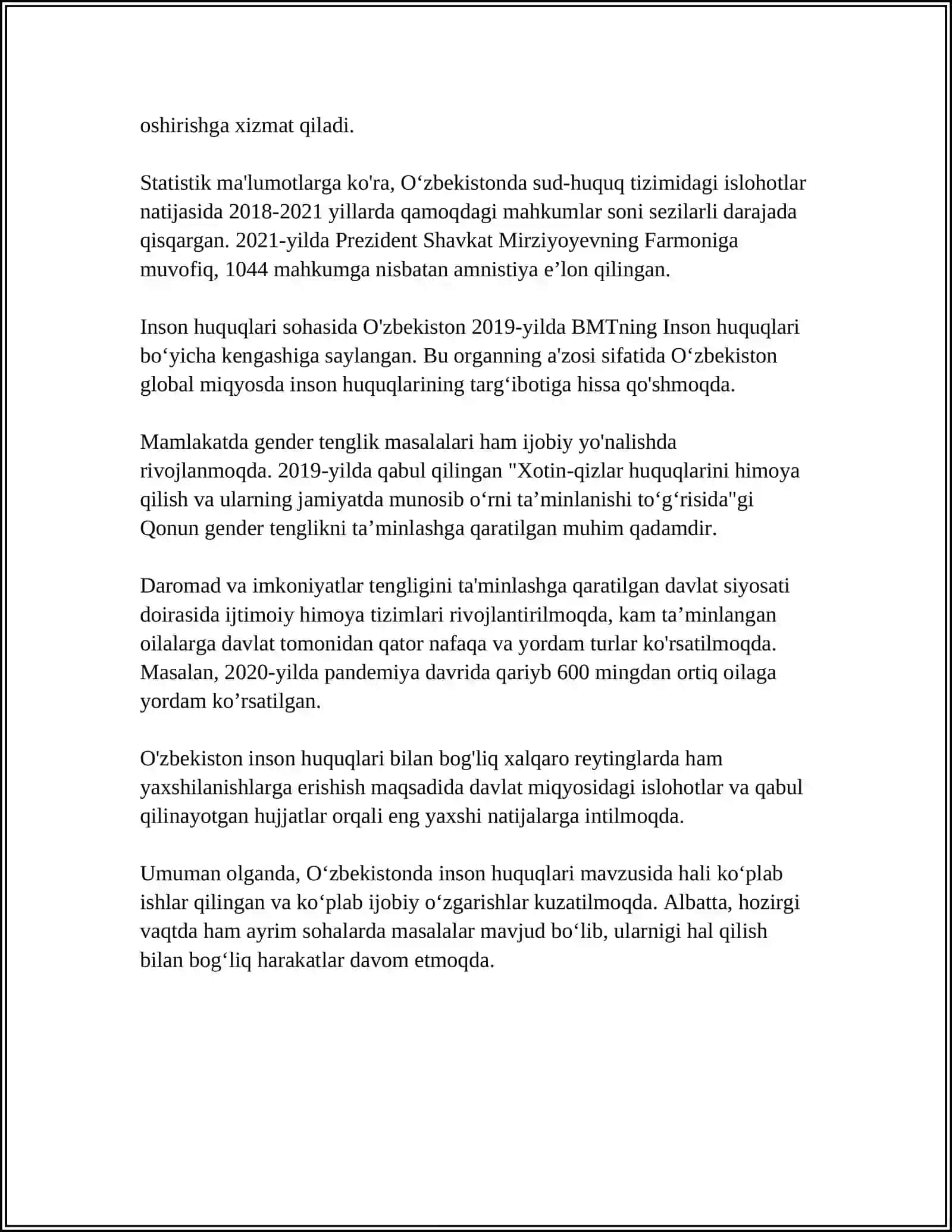 Oʻzbekistonda inson huquqlari va erkinliklari kafolatinining yaratilishi 4
