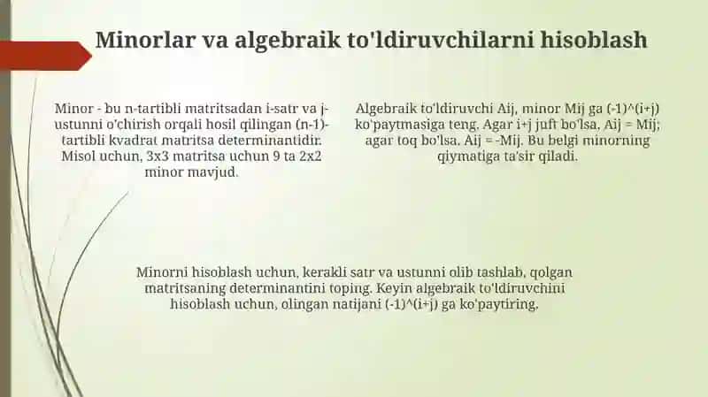 Minor va algebraik to’ldiruvchi 4