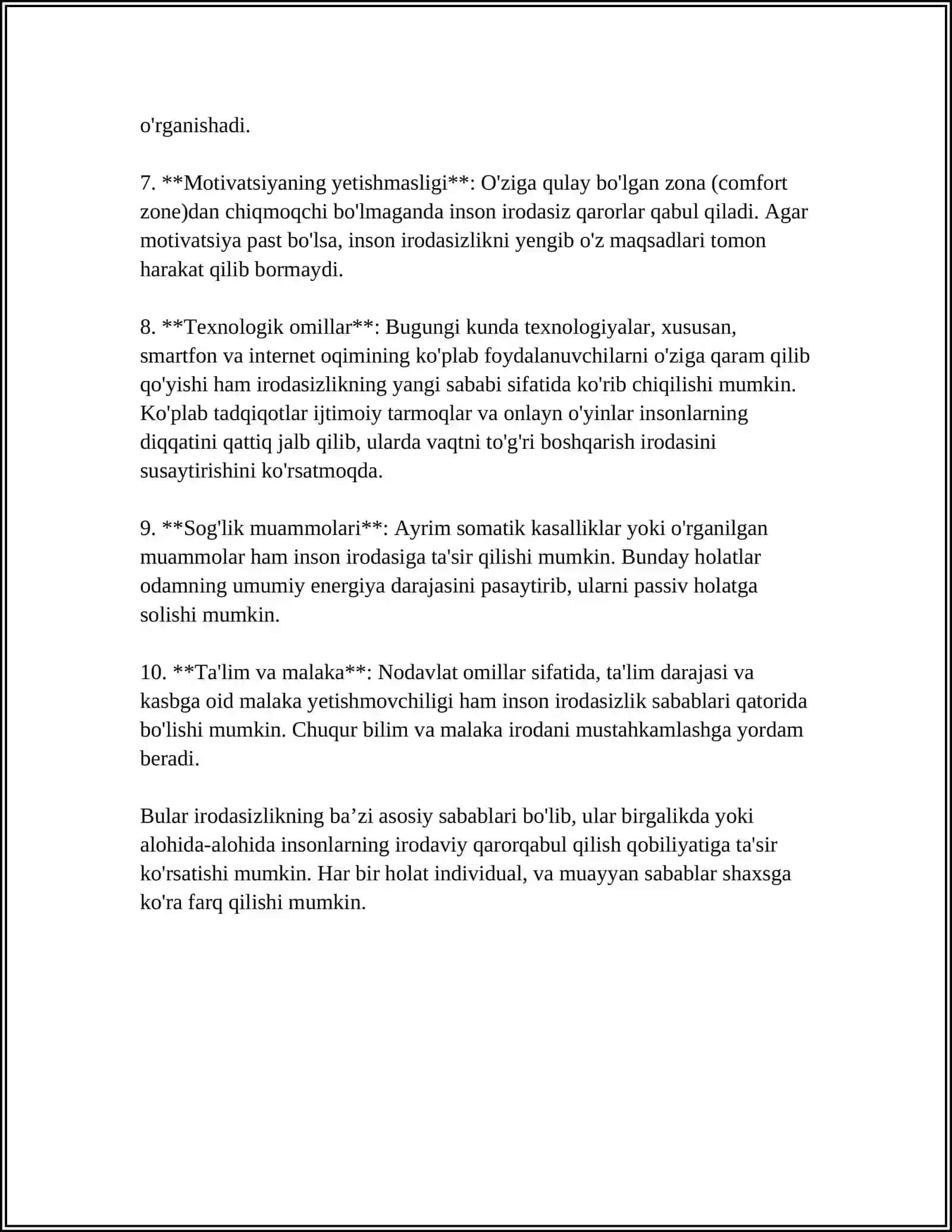 IRODASIZLIK. IRODASIZLIKNING HAR XIL NAMOYON BO'LISHI. DANGASALIK 4