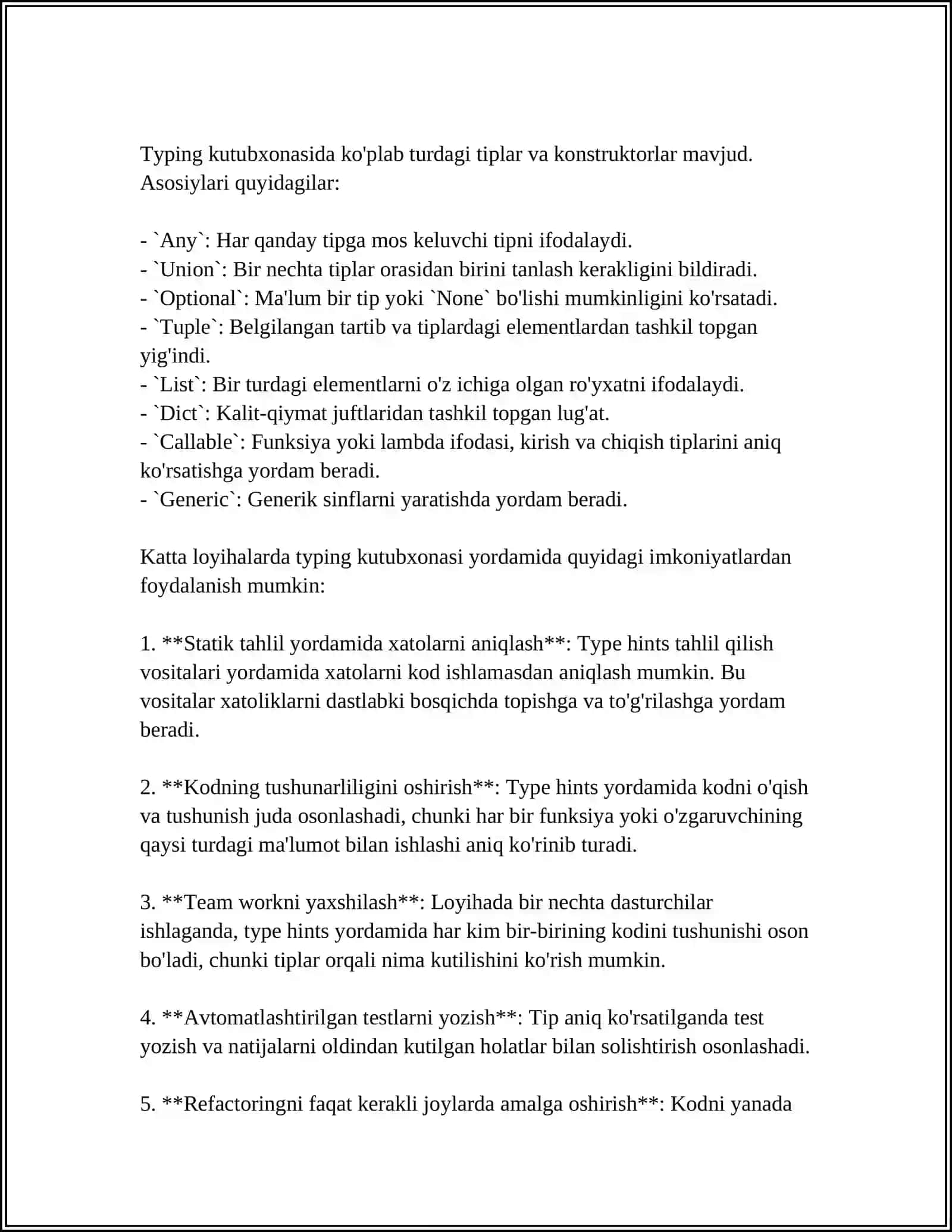 PYTHON DASTURIDA KATTA LOYIHALARDA KODNI TIPLASH (TYPE HINTS) IMKONIYATLARINI YARATISHDA TYPING KUTUBXONASI BILAN ISHLASH 4