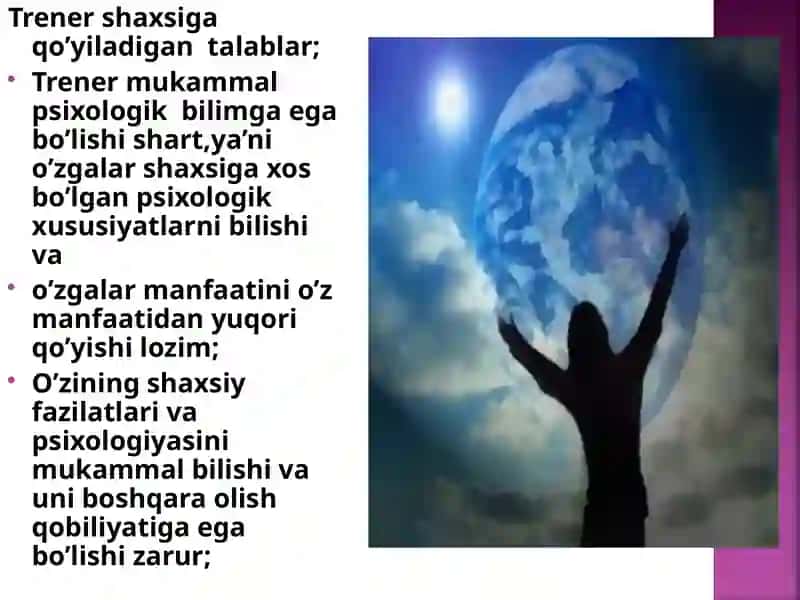 TRENING-SHAXS XULQ-ATVORINING NUQSONLI TOMONINI QAYTA DASTURLASH YA’NI PERSUAZIYA QAYTA TIKLASHDAN IBORAT BO’LIB,RUHIY KAMCHILIKLARNI BARTARAF ETADI. 4