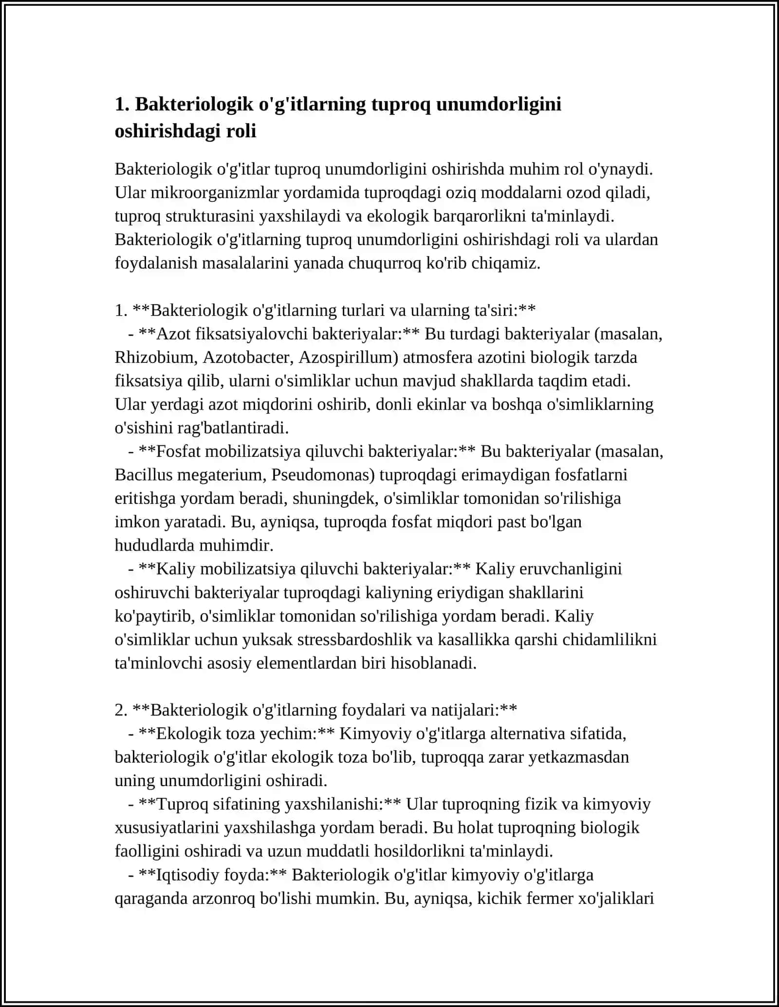 TUPROQ UNUMDORLIGINI OSHIRISHDA BAKTERIOLOGIK O'G'ITLARNI QO'LLASH HAMDA MAZKUR O'G'ITLARNI MADANIY O'SIMLIKLARNI BIONAZORAT QILISHDAGI O'RNI 4