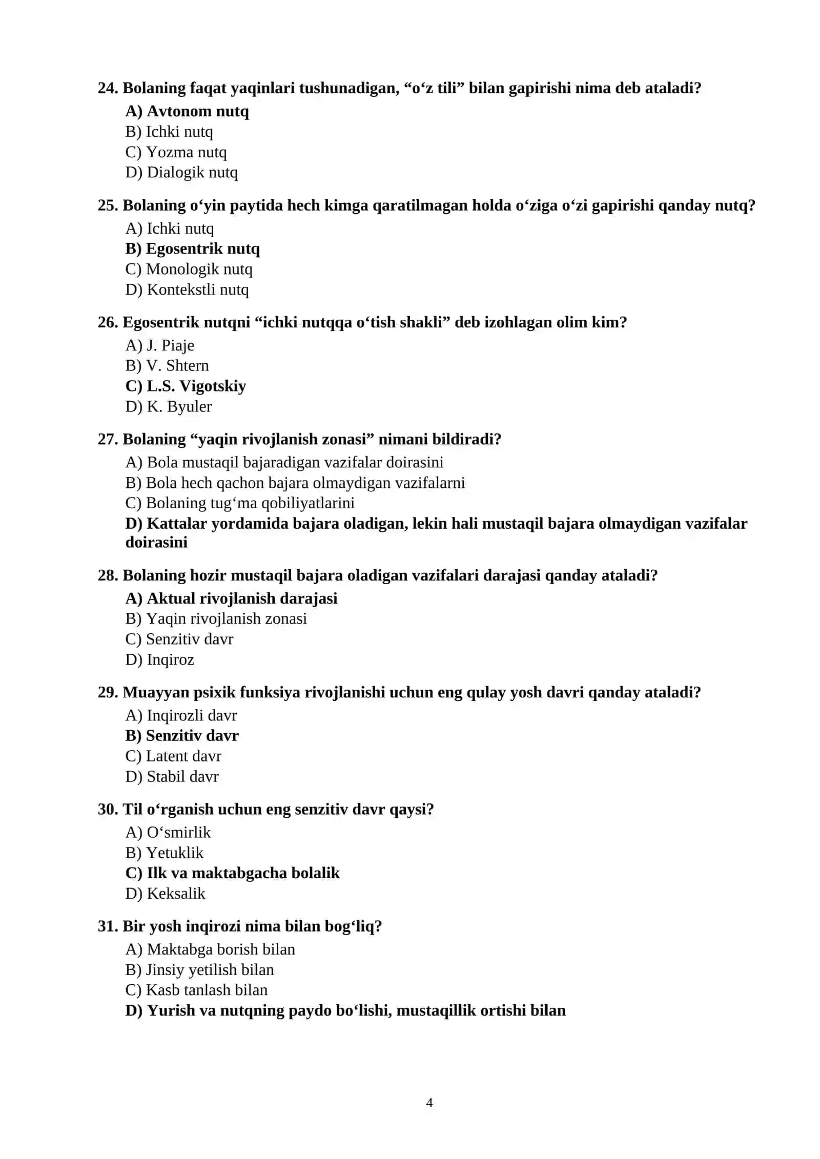 BOLALAR PSIXOLOGIYASI” DAN 100 TA TEST SAVOLLARI JAVOBLARI BILAN 4