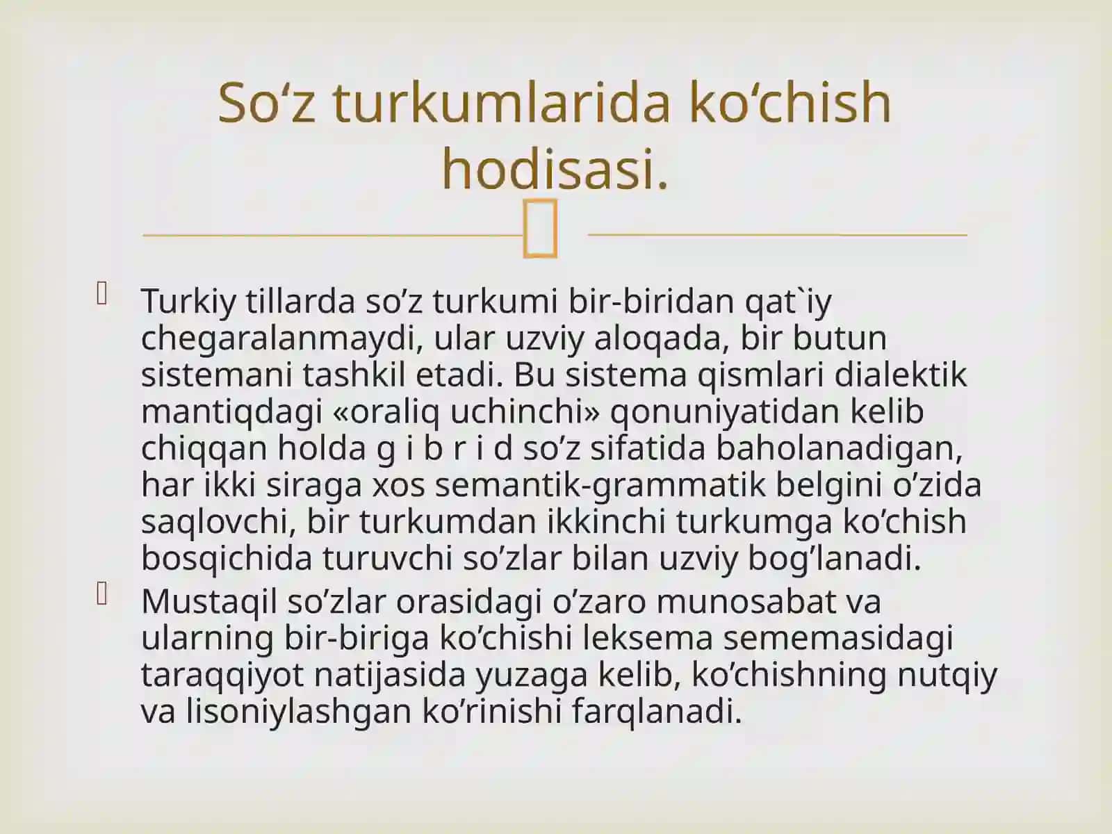 So‘z turkumlarida so‘z yasalishi. Morfemika. So‘zning morfem tarkibiga doir nazariy qarashlar tahlili. So‘z turkumlarida ko‘chish hodisasiga doir qarashlar. 4