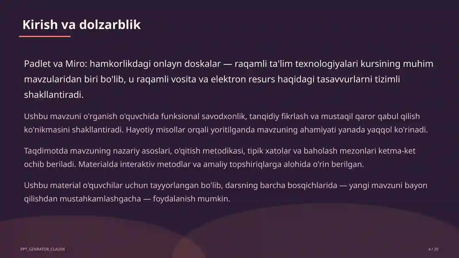 Ta'limiy maqsad: mavzu bo'yicha tayanch tushunchalarni shakllantirish 4
