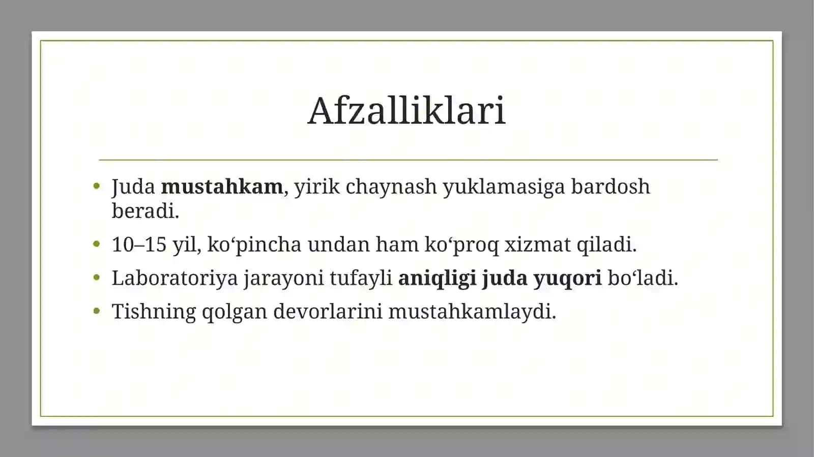 Tish qattiq to'qimasi nuqsonlarini quyma qoplamalar 4