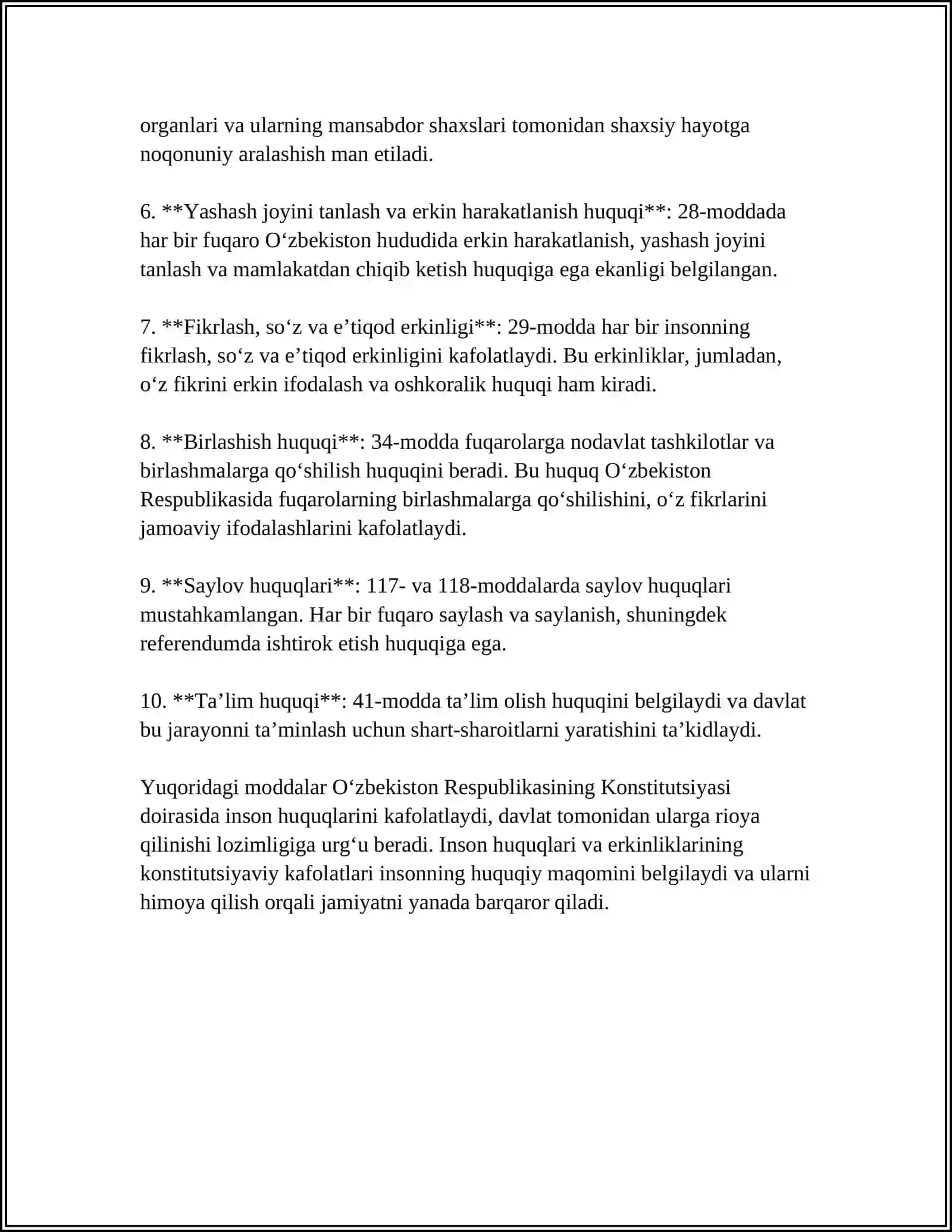O'ZBEKISTONDA INSON XUQUQLARI VA ERKINLIKLARI KAFOLATINING YARALISHI 4