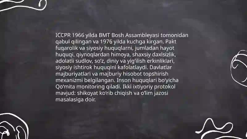 Inson huquqlari boycha xalqaro billning tarkibiga qanday hujatlar kiradi 4