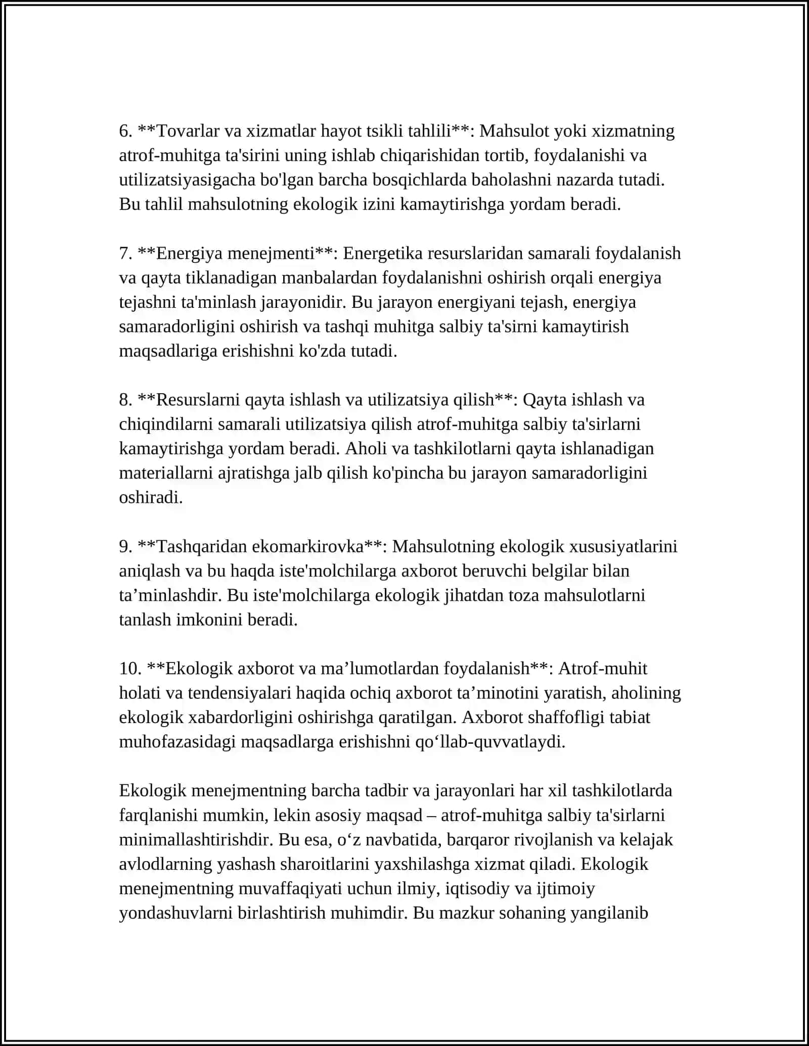 EKOLOGIK MENEJMENT BOSQICHLARI, FUNKSIONAL QUYI TIZIMLARI VA VOSITALARI 4
