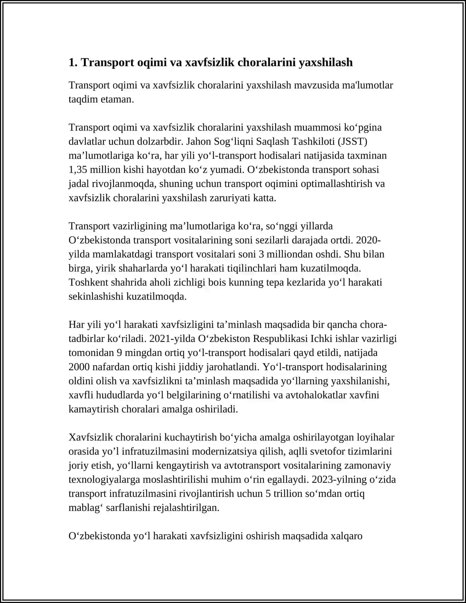 “HAYDOVCHI – AVTOMOBIL – YO‘L - TRANSPORT OQIMI – MUHIT” KOMPLEKSI - OMMAVIY XIZMAT KO‘RSATISH TIZIMI 4