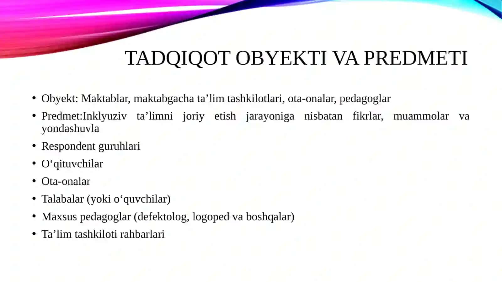 Inklyuziv ta'lim g'oyalarini amaliyotga tadbiq etish bo'yicha turli guruhlarga mansub respodentlarni fikrlarini aniqlashga qaratilgan sotsiologik tadqiqotlar va so'rovnomalar tayyorlash va ishlab chiqish 4