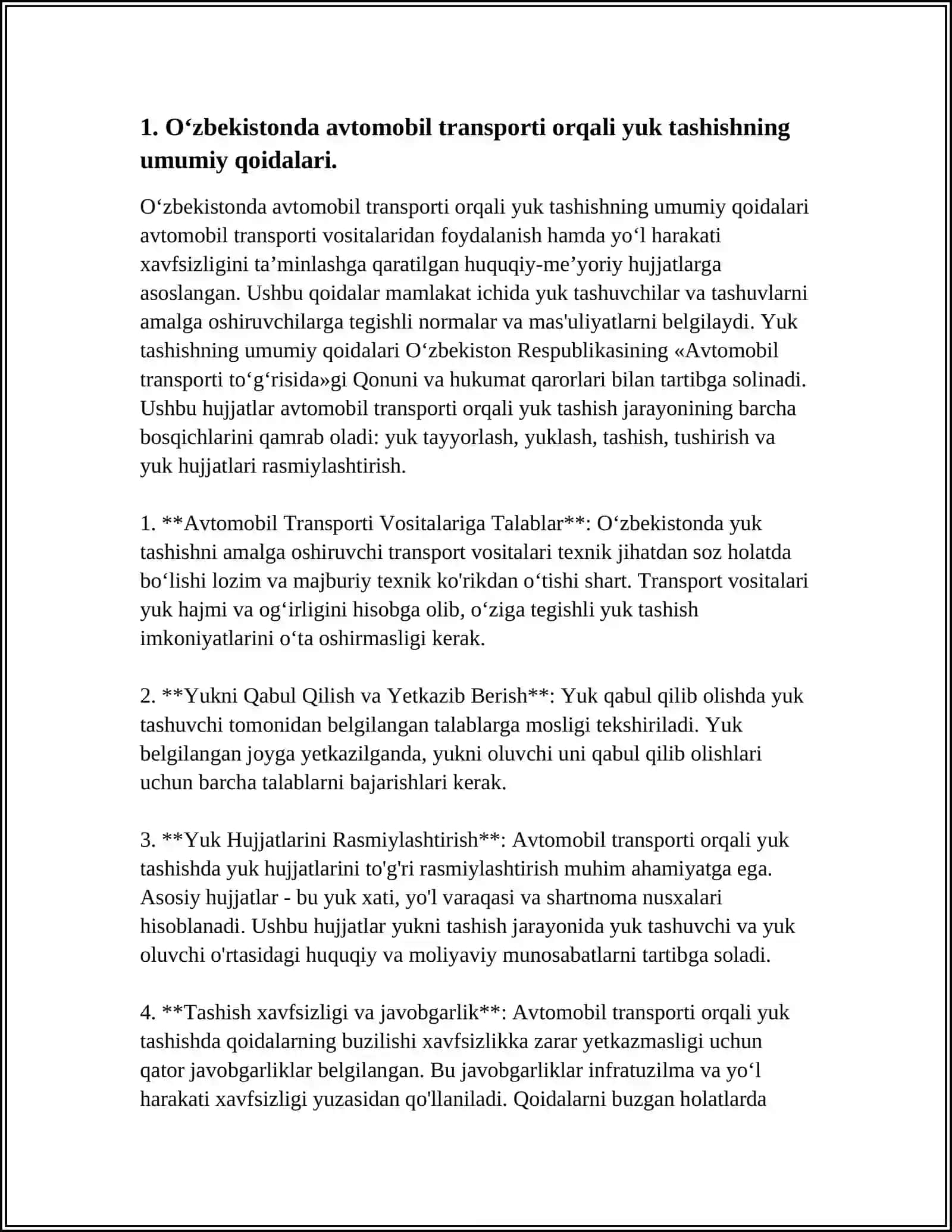 OʻZBEKISTON RESPUBLIKASIDA AVTOMOBIL TRANSPORTI ORQALI YUKLARNI BOJXONA CHEGARALARIDAN OLIB OʻTISH TARTIBI 4
