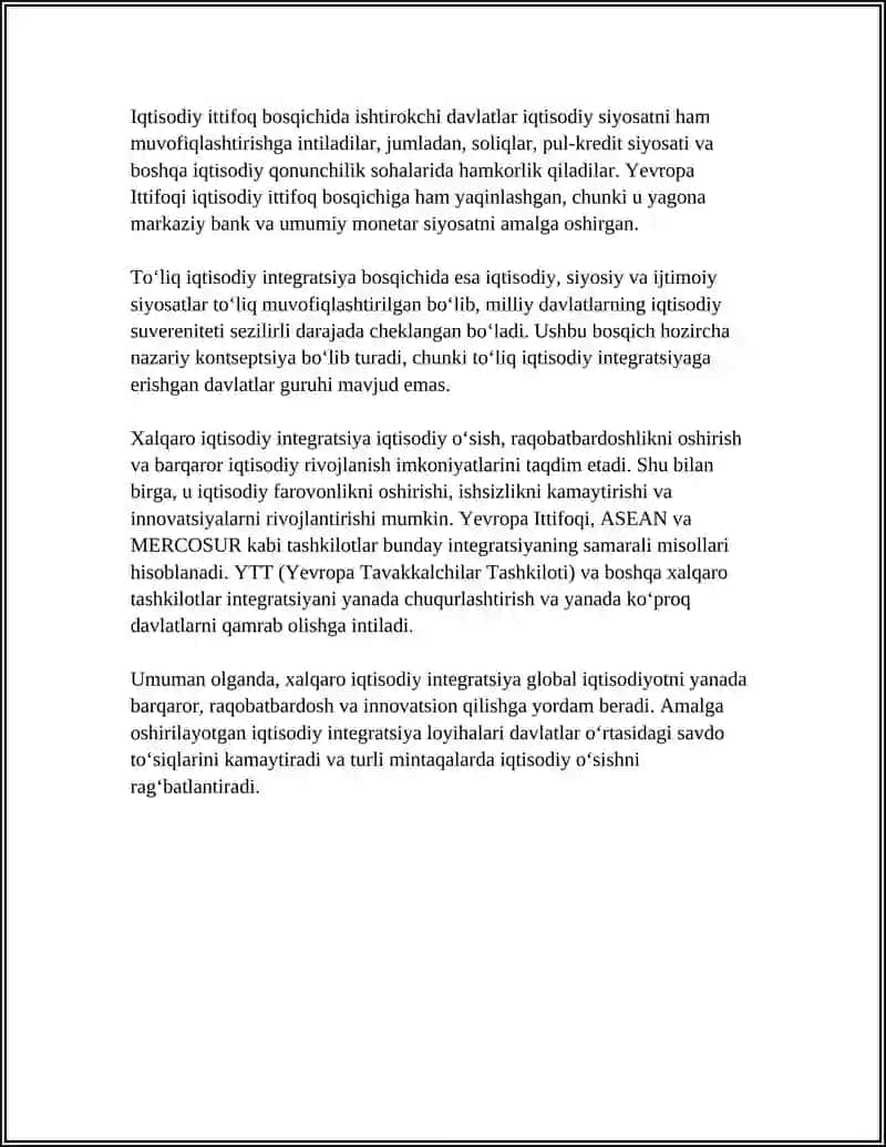 XALQARO IQTISODIY INTEGRATSIYA. MAQSADLAR VA MANFAATLAR 4