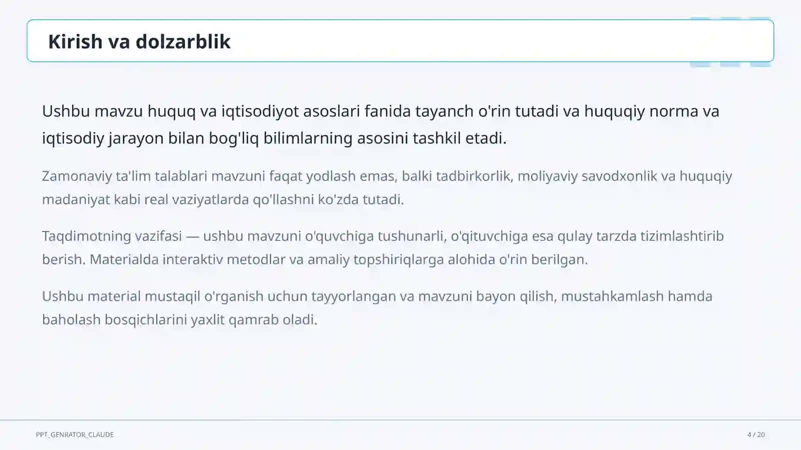 O'zbekiston Respublikasi Konstitutsiyasi: asosiy tamoyillar (9-sinf) 4