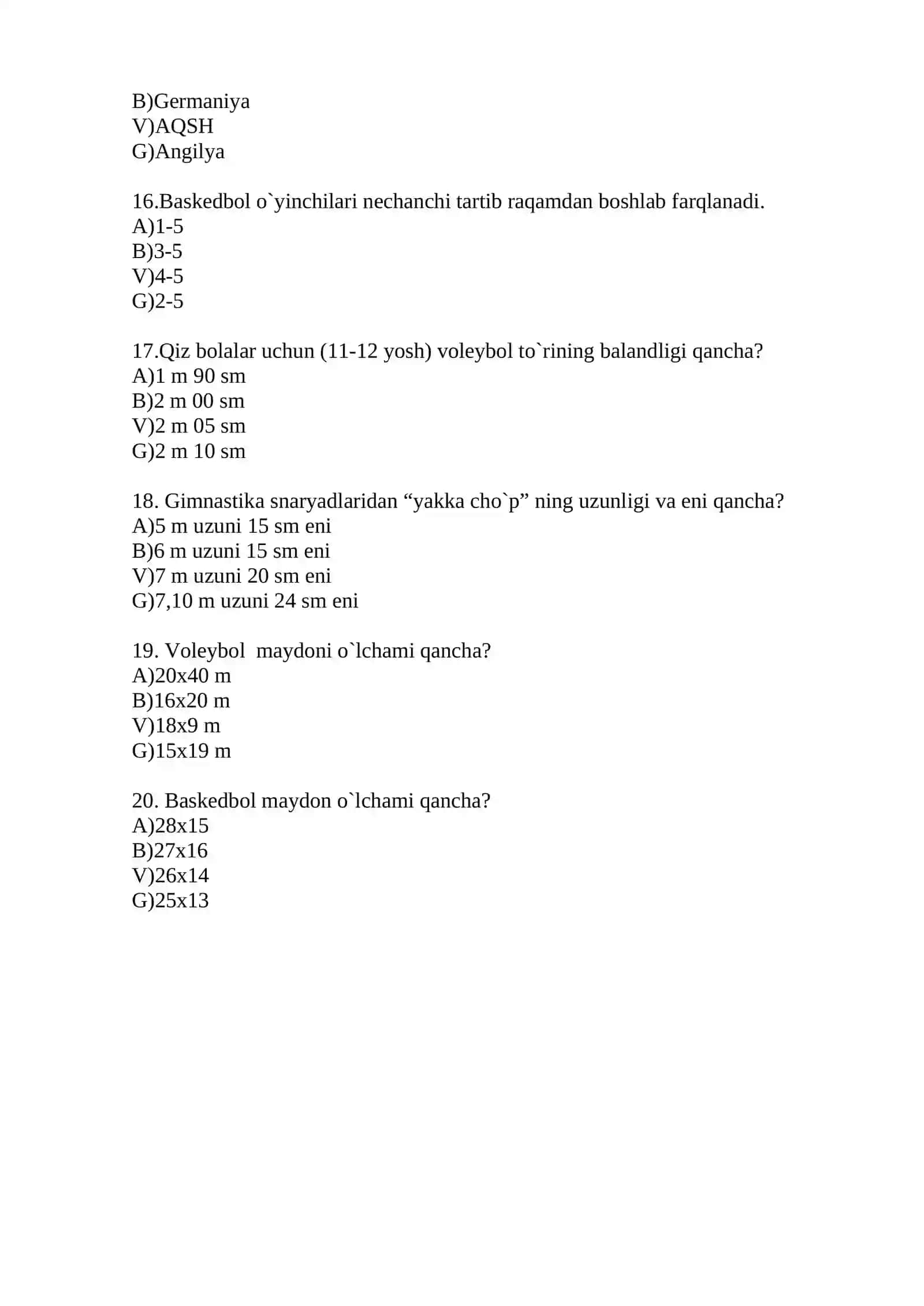 Jismoniy tarbiya fanidan 5,6,7,8,9 sinflar uchun  test savollari va javoblari 4