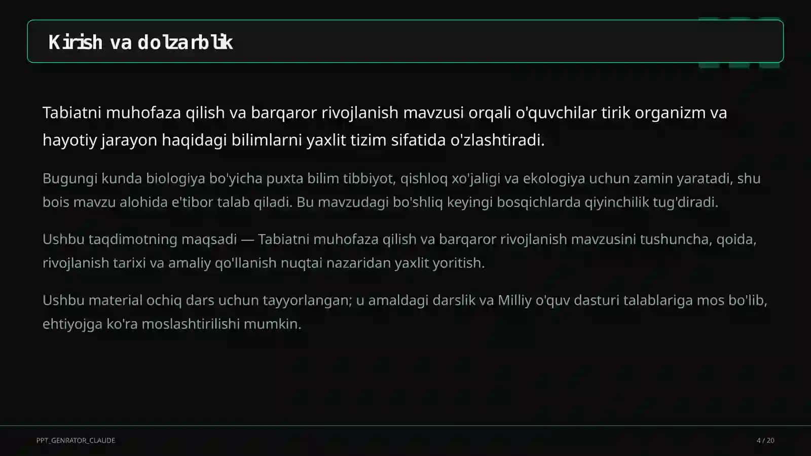 Tabiatni muhofaza qilish va barqaror rivojlanish (11-sinf) 4