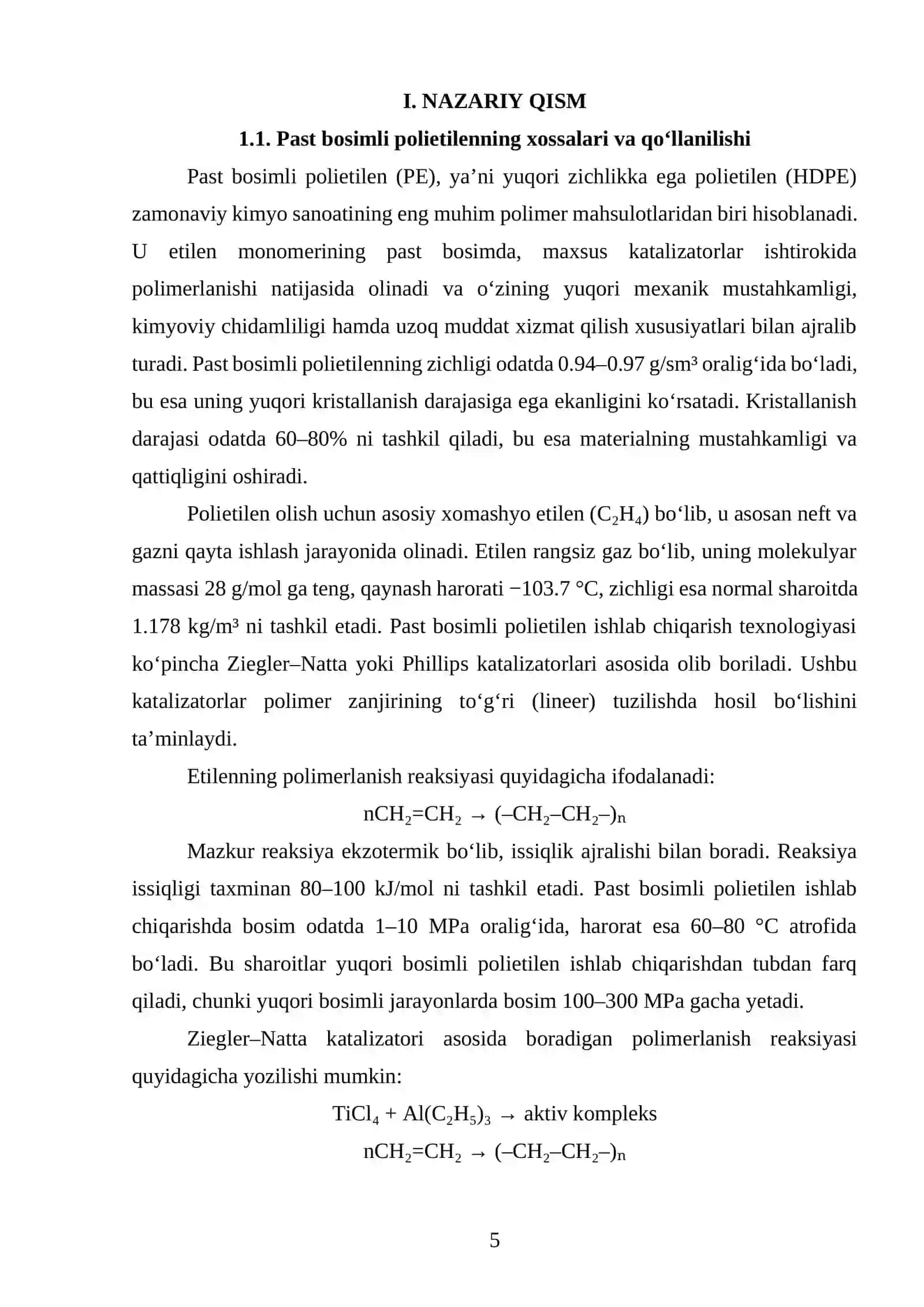 Ish unumdorligini 4200 t/yil boʻlgan past bosimda olingan PE dan plyonka ishlab chiqaradigan texnologik liniyasini loyihalash 4