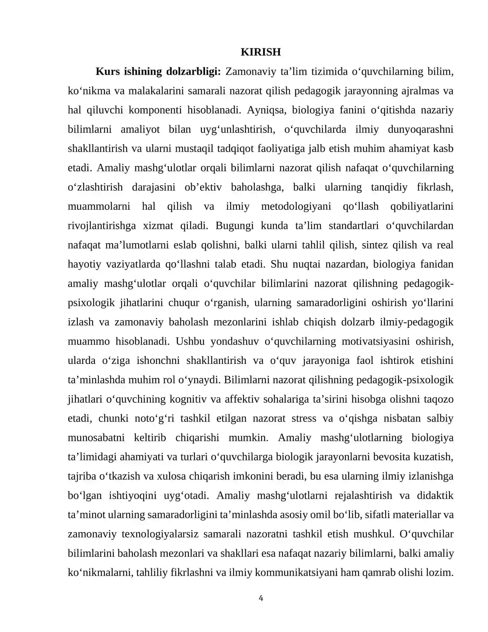 BIOLOGIYA FANIDAN AMALIY MASHG‘ULOTLAR ORQALI O‘QUVCHILAR BILIMLARINI NAZORAT QILISH KURS ISHI 4