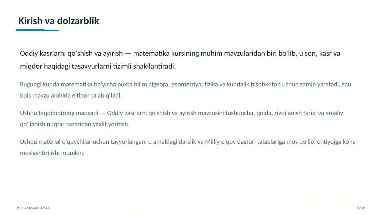 Oddiy kasrlarni qo'shish va ayirish (5-sinf) 4