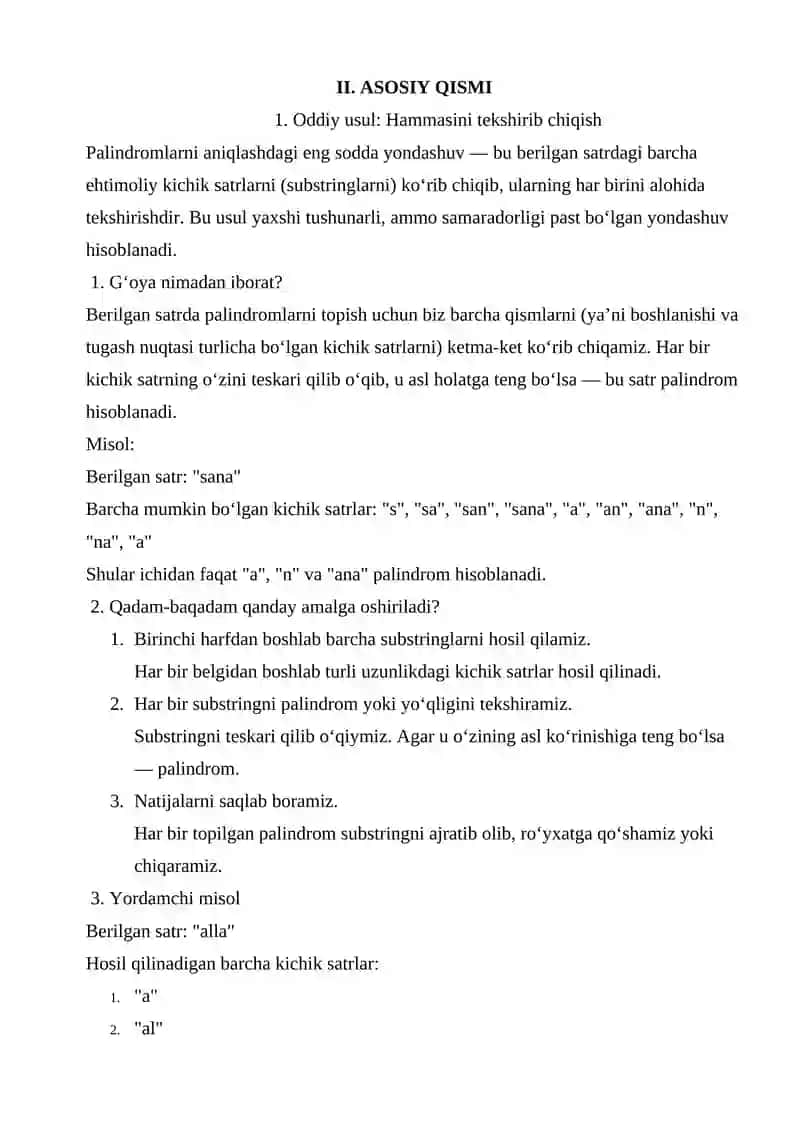 SATIRDAGI BARCHA PALINDROMLARNI TOPISH ALGORITIMI 4