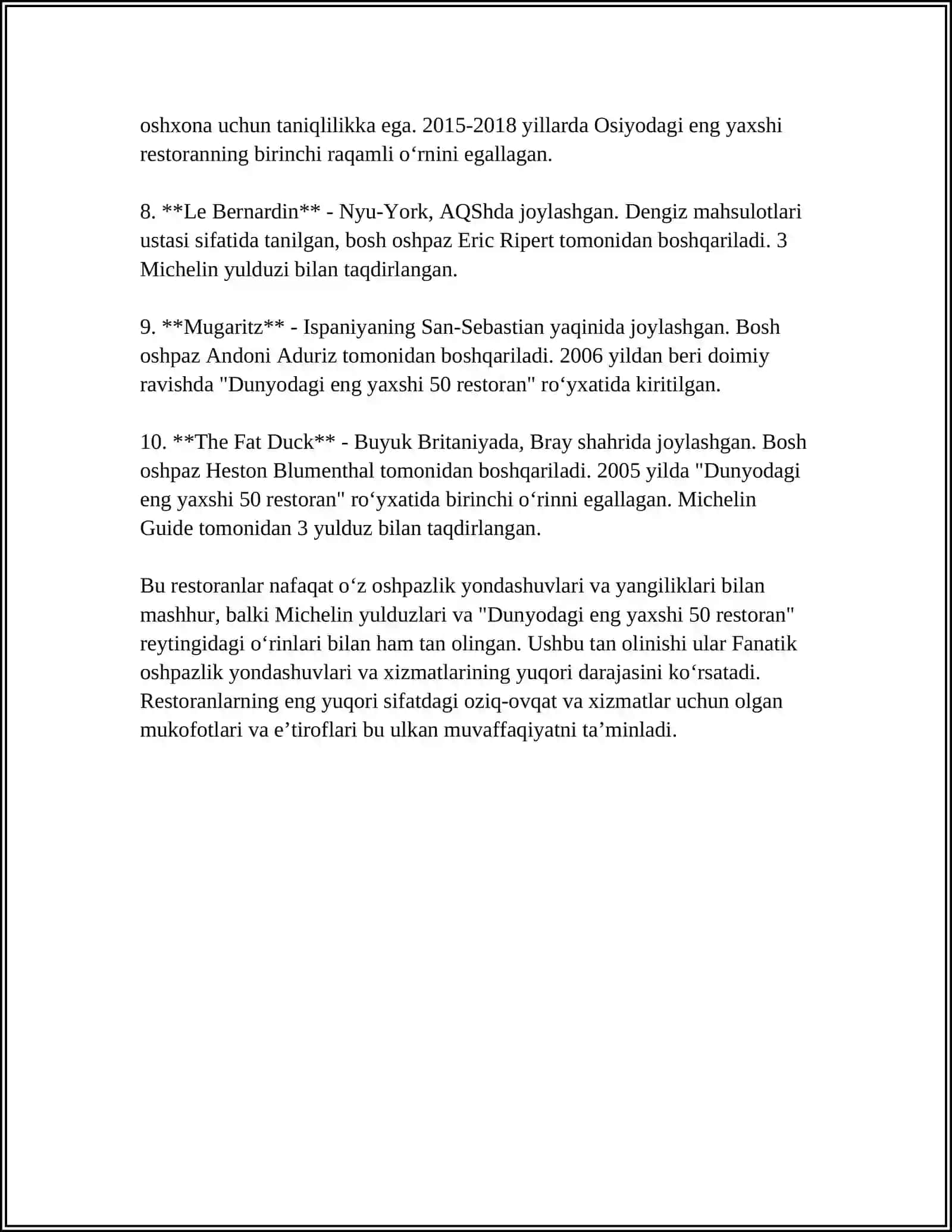 DUNYO BÓYICHA OVQATLANISH KORXONALARI TOP 10 TALIGI 4