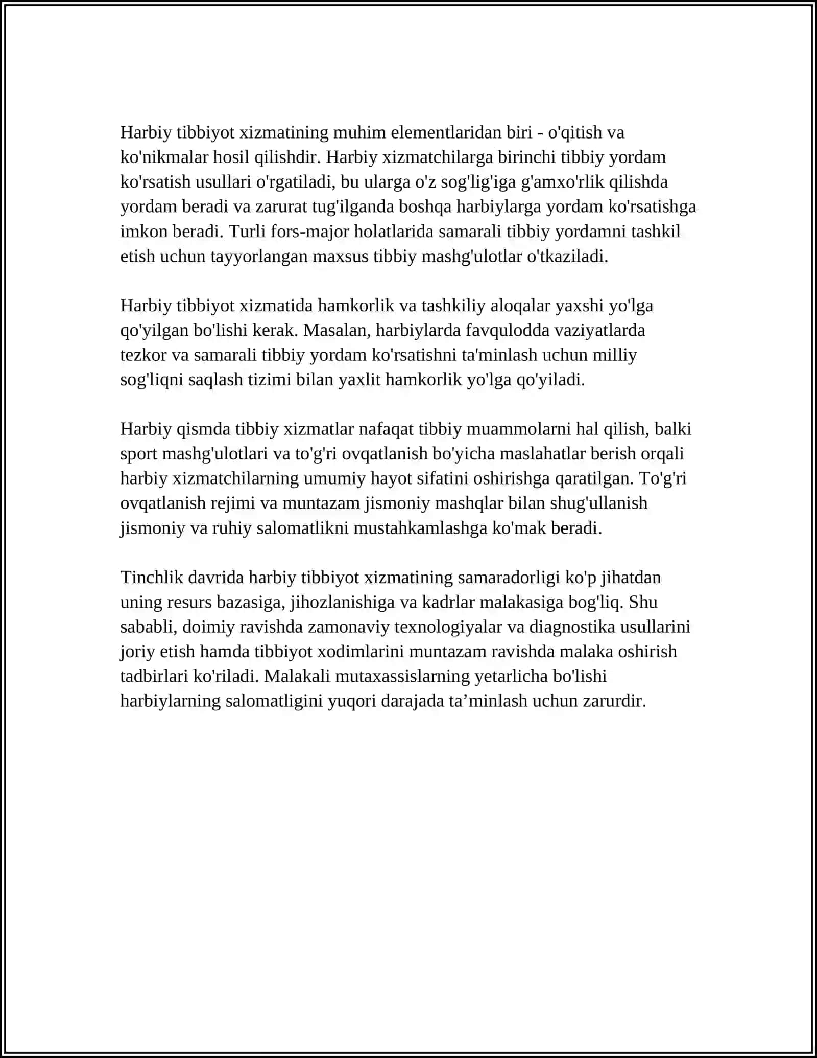 TINCHLIK DAVRIDA HARBIY QISM TIBBIYOT XIZMATINING BOSHQA XIZMAT TURLARI VA SOGʻLIQNI SAQLASH VAZIRINING MAHALLIY DAVOLASH-PROFILAKTIKA MUASSASALARI BILAN HAMKORLIGI 4