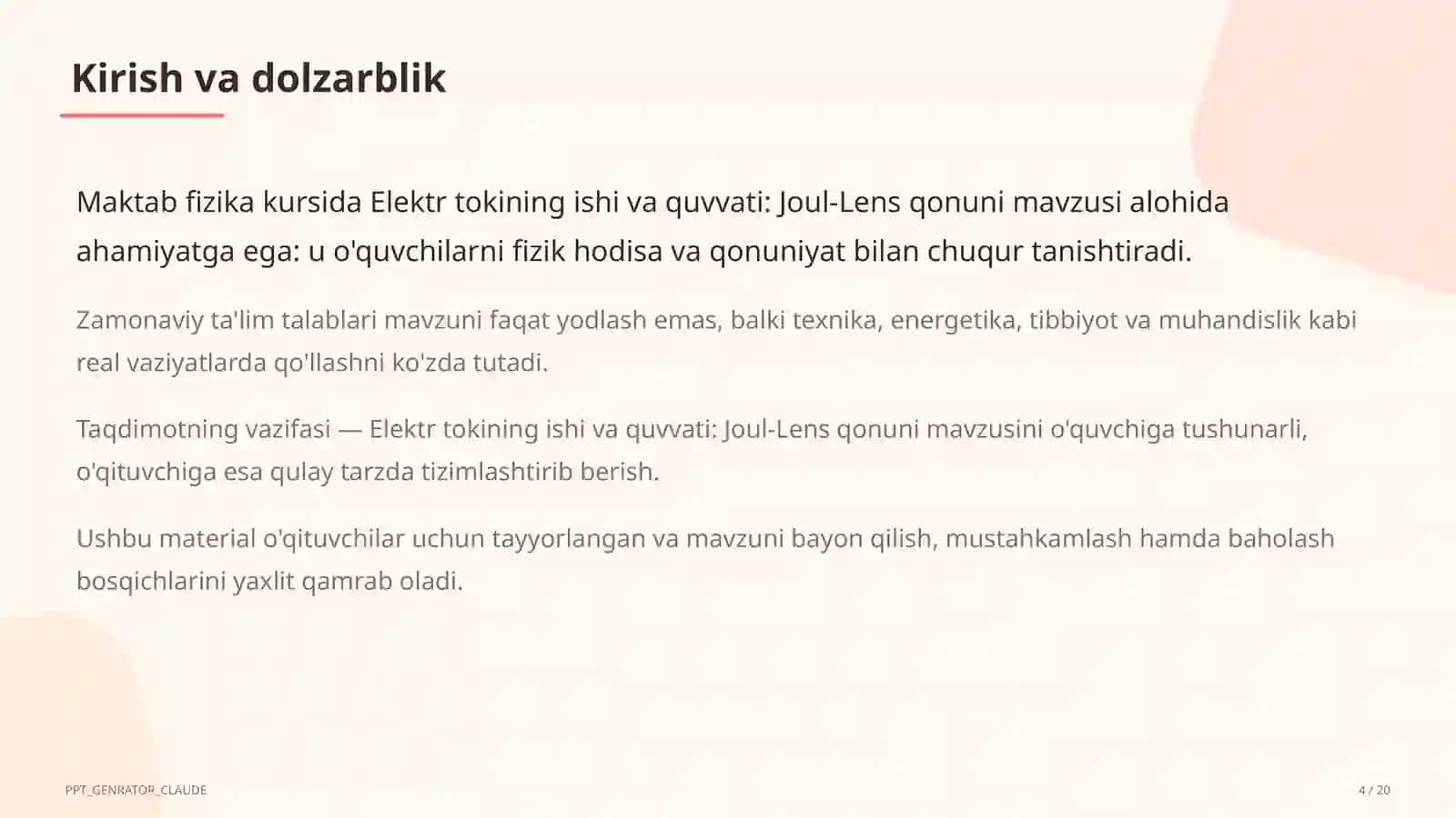 Elektr tokining ishi va quvvati: Joul-Lens qonuni (8-sinf) 4