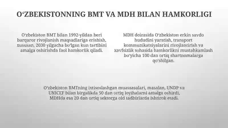 Oʻzbekistonning xalqaro tashkilotlar bilan hamkorlik aloqalari 4