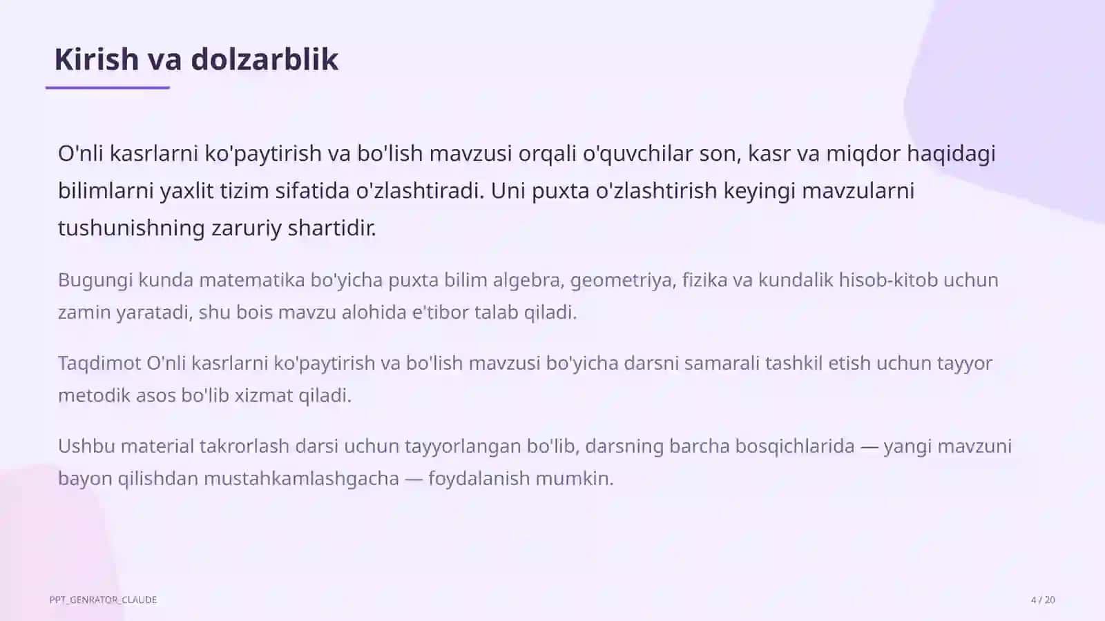 O'nli kasrlarni ko'paytirish va bo'lish (5-sinf) 4