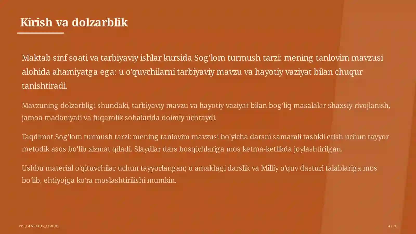 Sinf soati va tarbiyaviy tadbirlar (1–11) — o'qituvchilar uchun 4