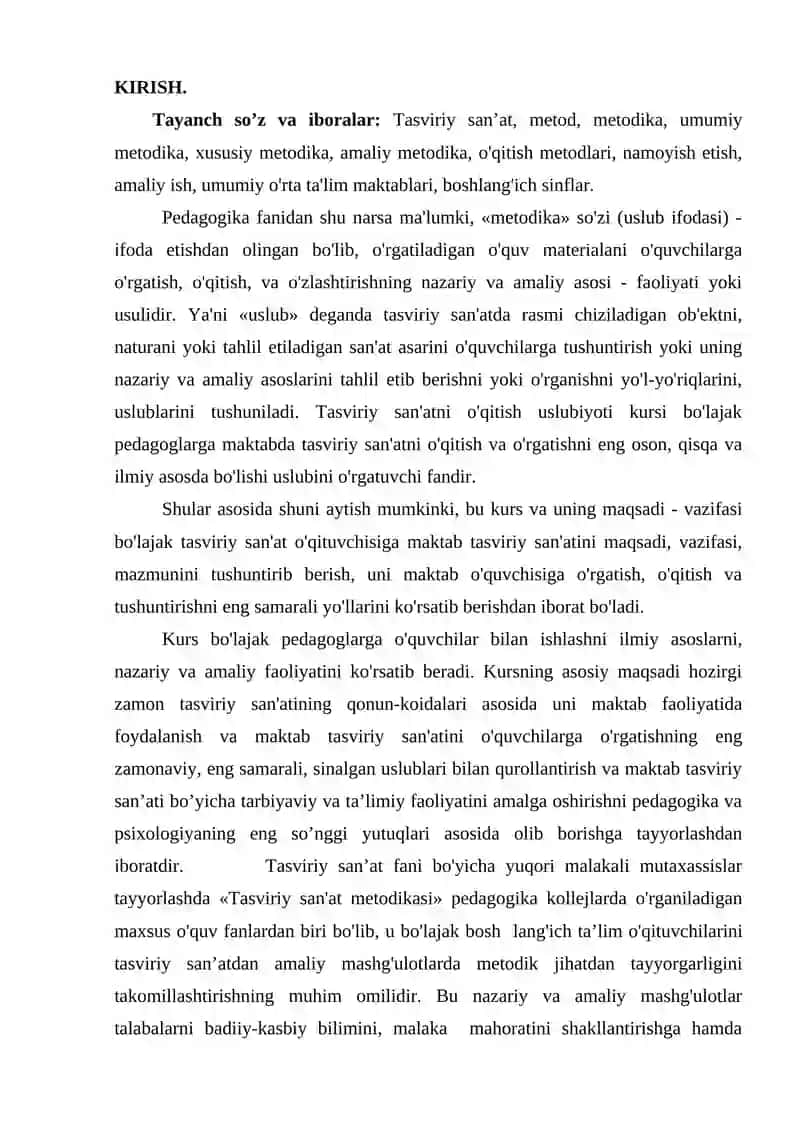 TASVIRIY SAN’ATNI O’QITISH METODIKASI KURSINING MAQSADI, VAZIFASI, MAZMUN-MOHIYATI. 4