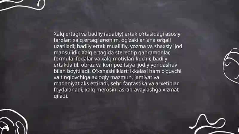 Ertaklarning tasnifi va ularning turlari adabiy ertaklari va xos xususiyatlari 4