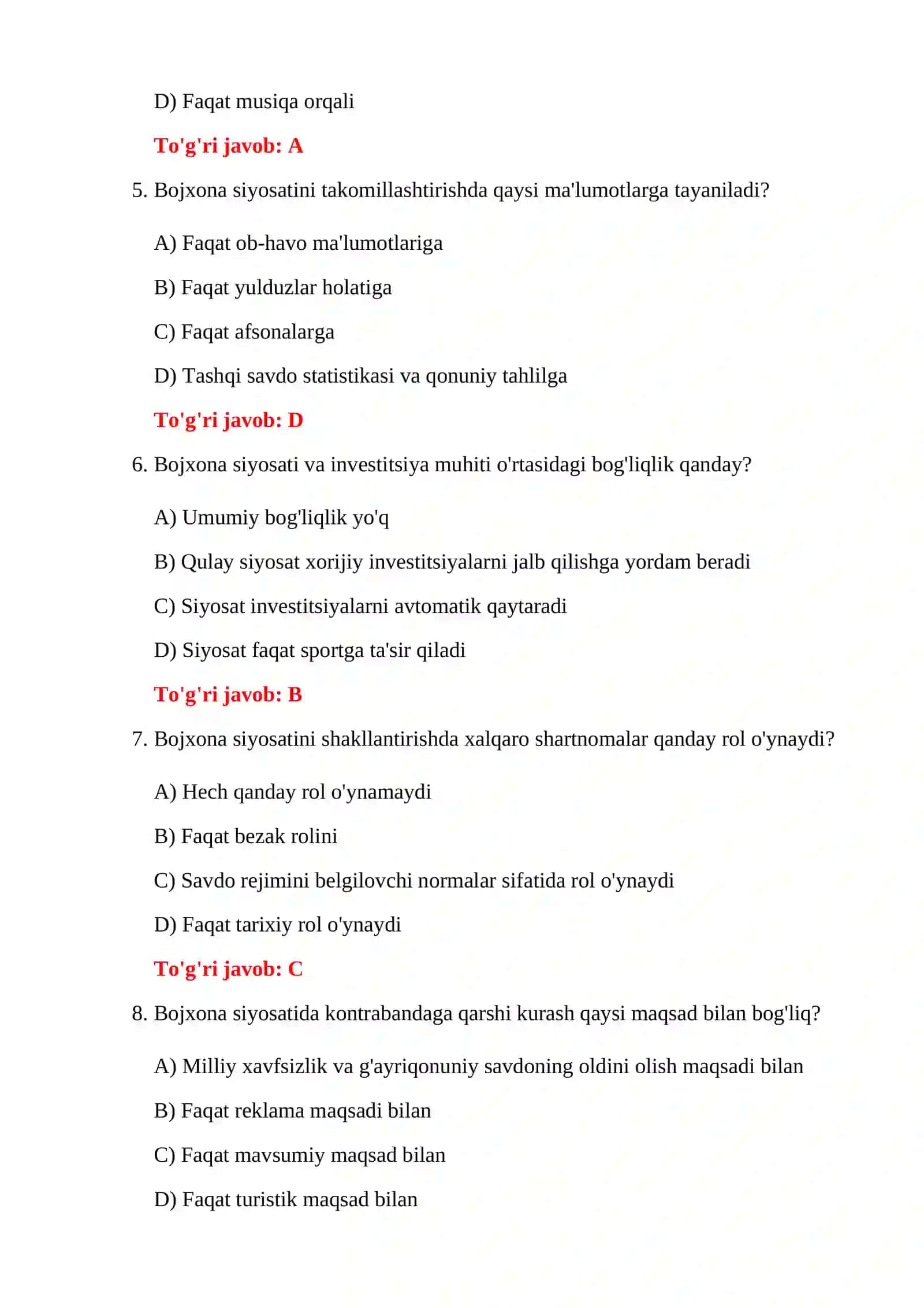 BOJXONA HUQUQIY ASOSLARI TESTLARI 4