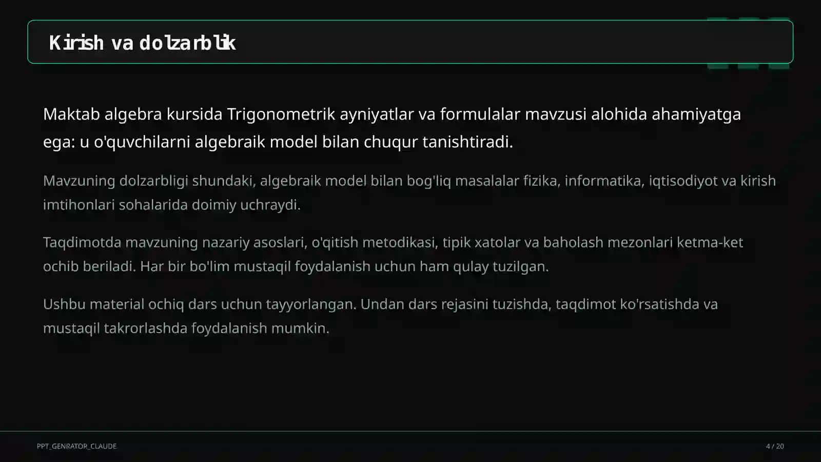 Trigonometrik ayniyatlar va formulalar (10-sinf) 4