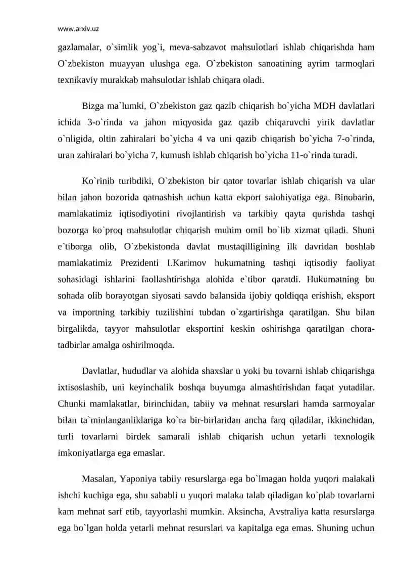 Xalqaro mehnat taqsimotida O`zbekistonning o`rni 4