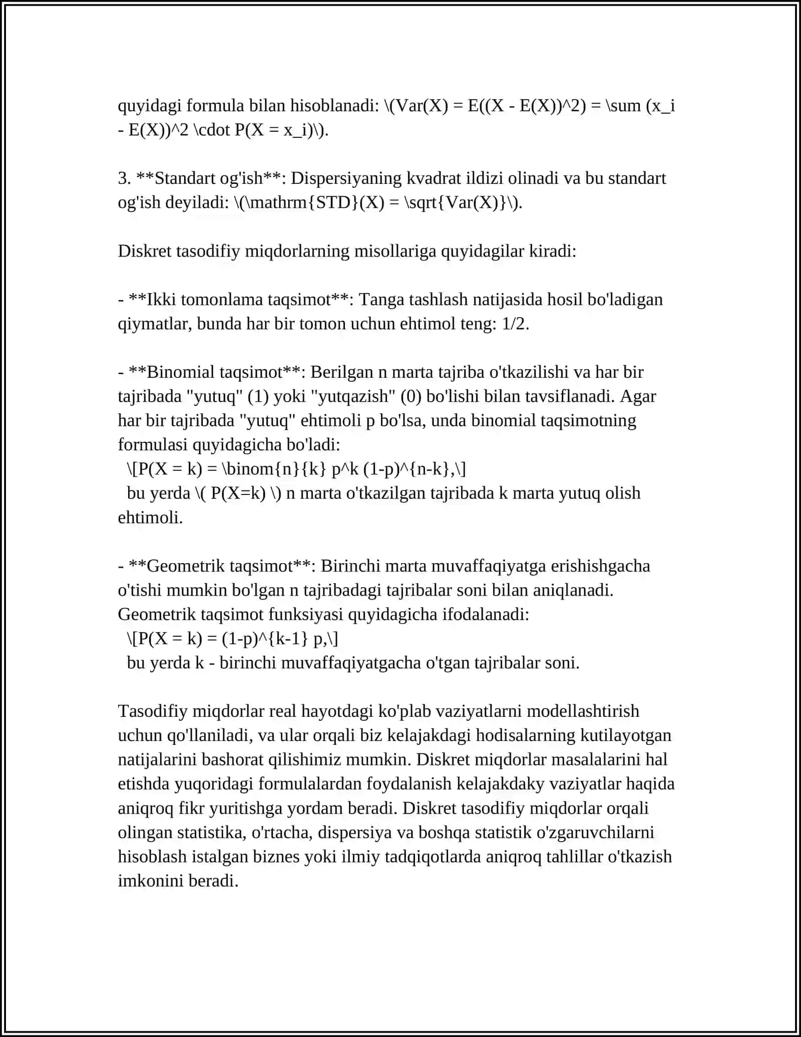 MUSTAQIL ISH Mavzu: DISKRET TASODIFIY MIQDORNING TAQSIMOT QONUNI 4
