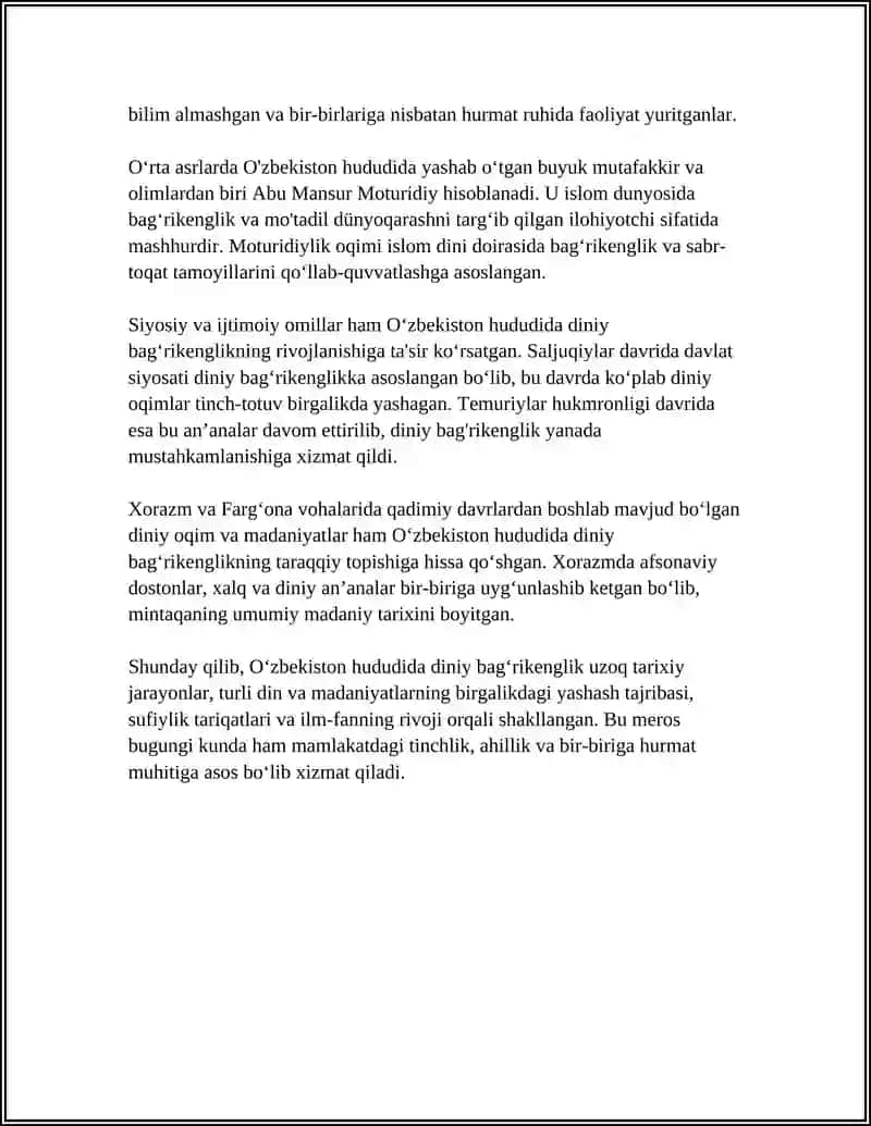 O'ZBEKISTONDA KONFESSIYALARARO DINIY BAG'RIKENGLIKNING TARIXIY TAJRIBASI MAVZUSIDA TEST TAYYORLASH 4
