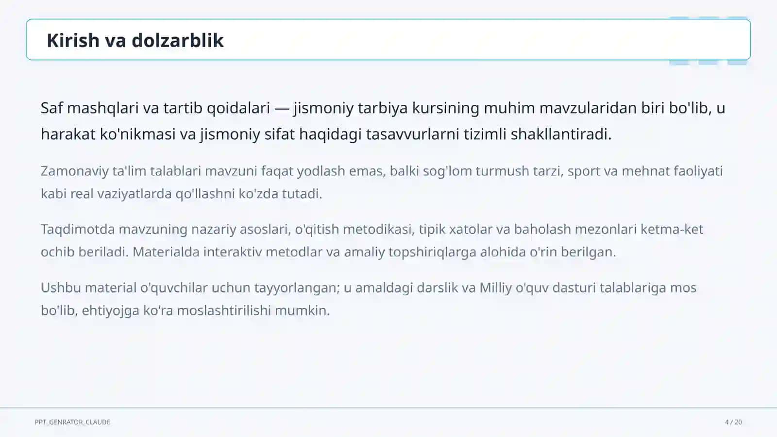 Saf mashqlari va tartib qoidalari (1-sinf) 4
